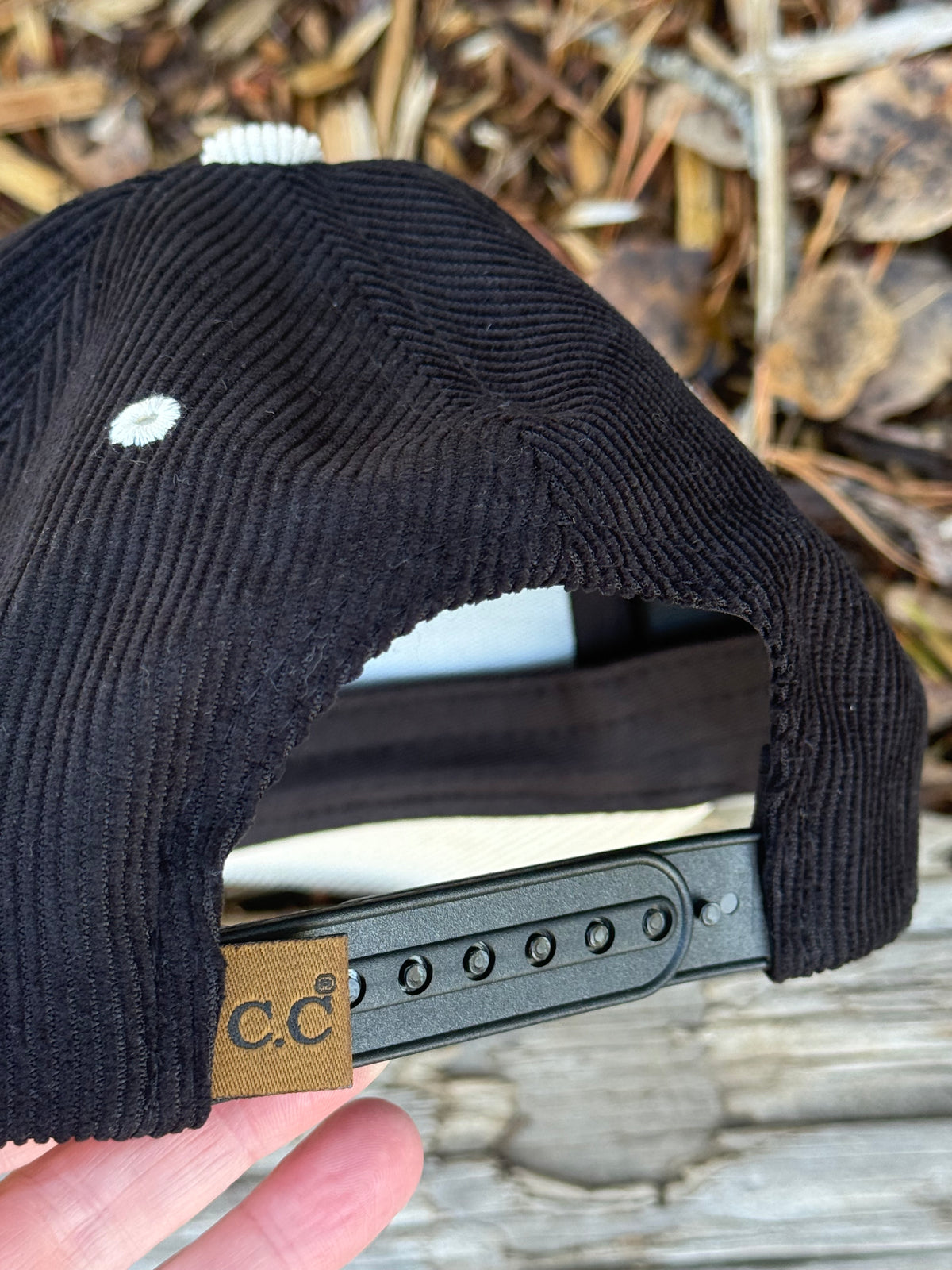 Hand painted wearable art on black/cream corduroy baseball cap - northern light mountainscape
