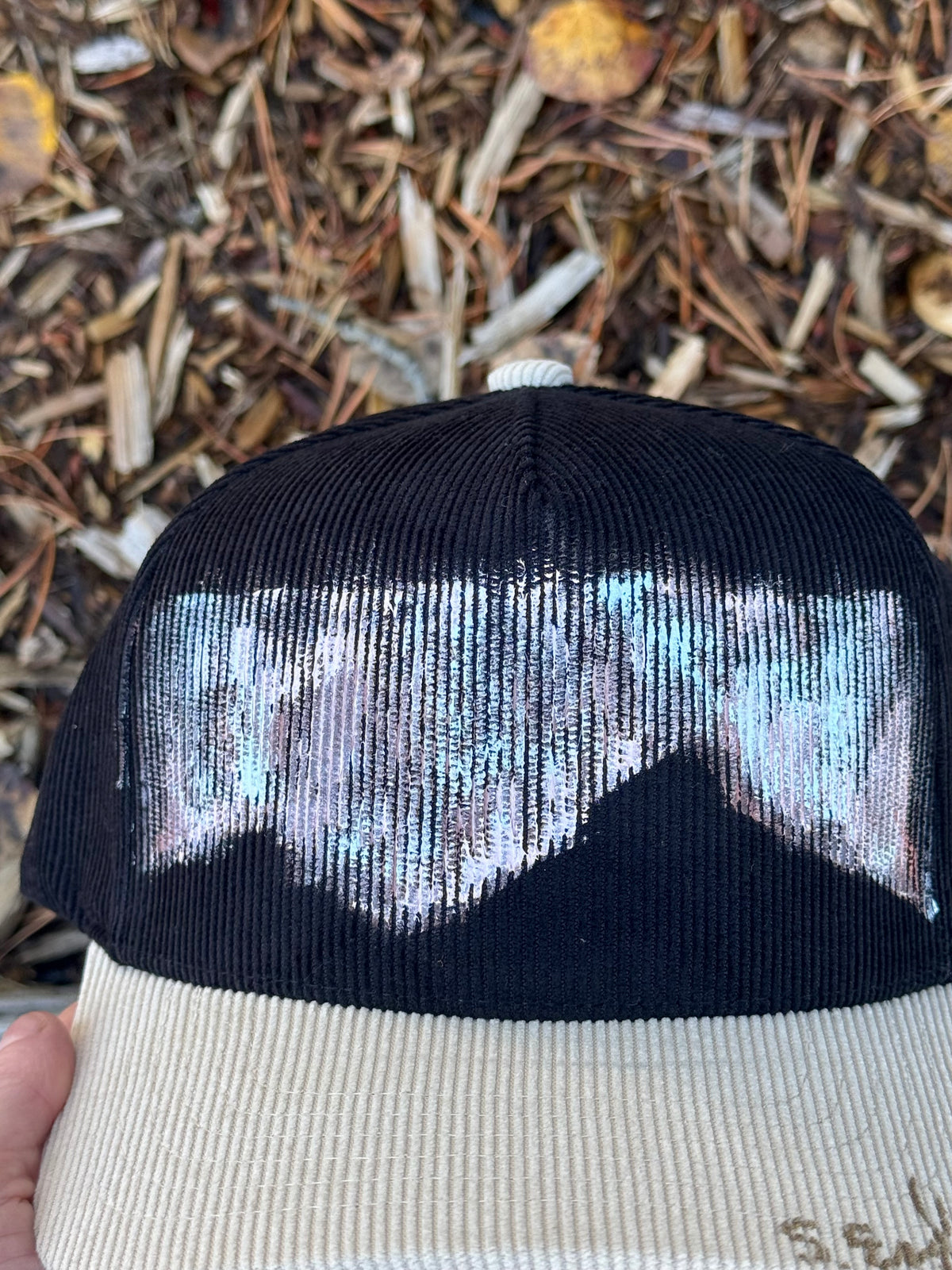 Hand painted wearable art on black/cream corduroy baseball cap - northern light mountainscape