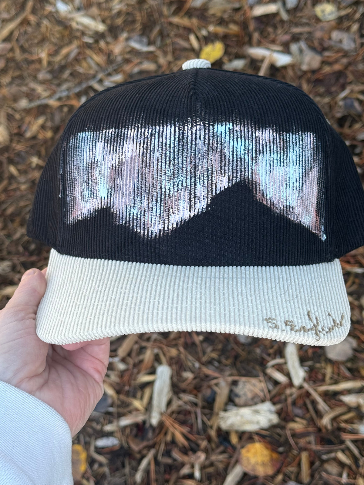 Hand painted wearable art on black/cream corduroy baseball cap - northern light mountainscape