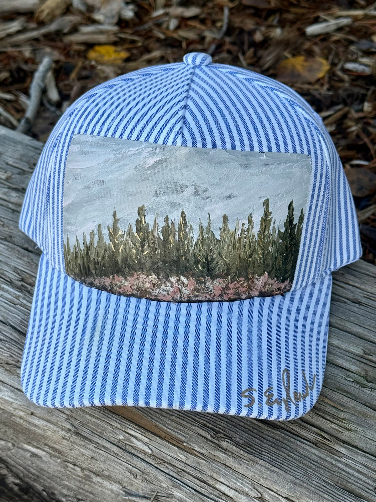 Hand painted wearable art on white and blue stripped baseball cap - tree scape