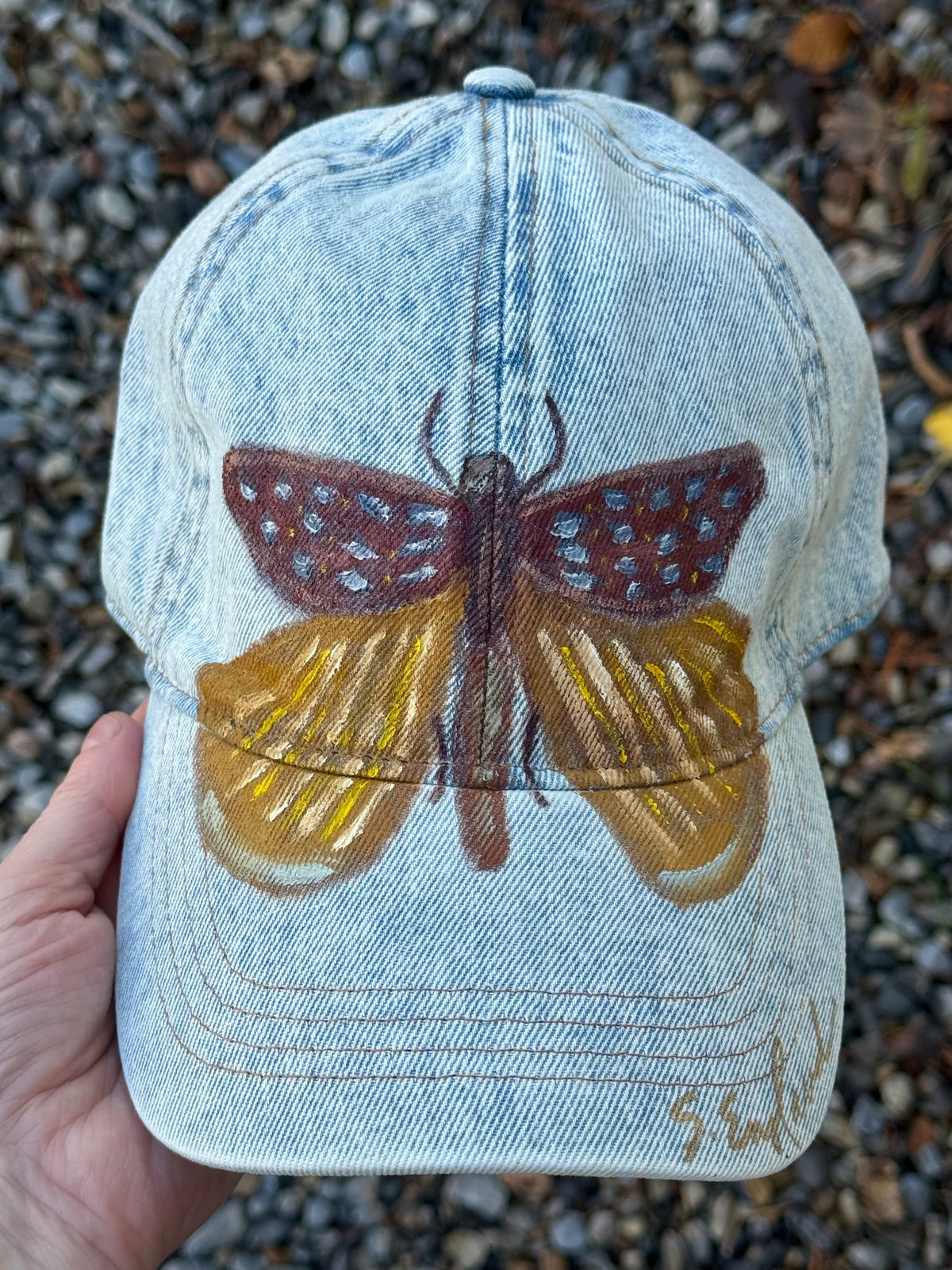 Hand painted wearable art on acid wash denim canvas - butterfly