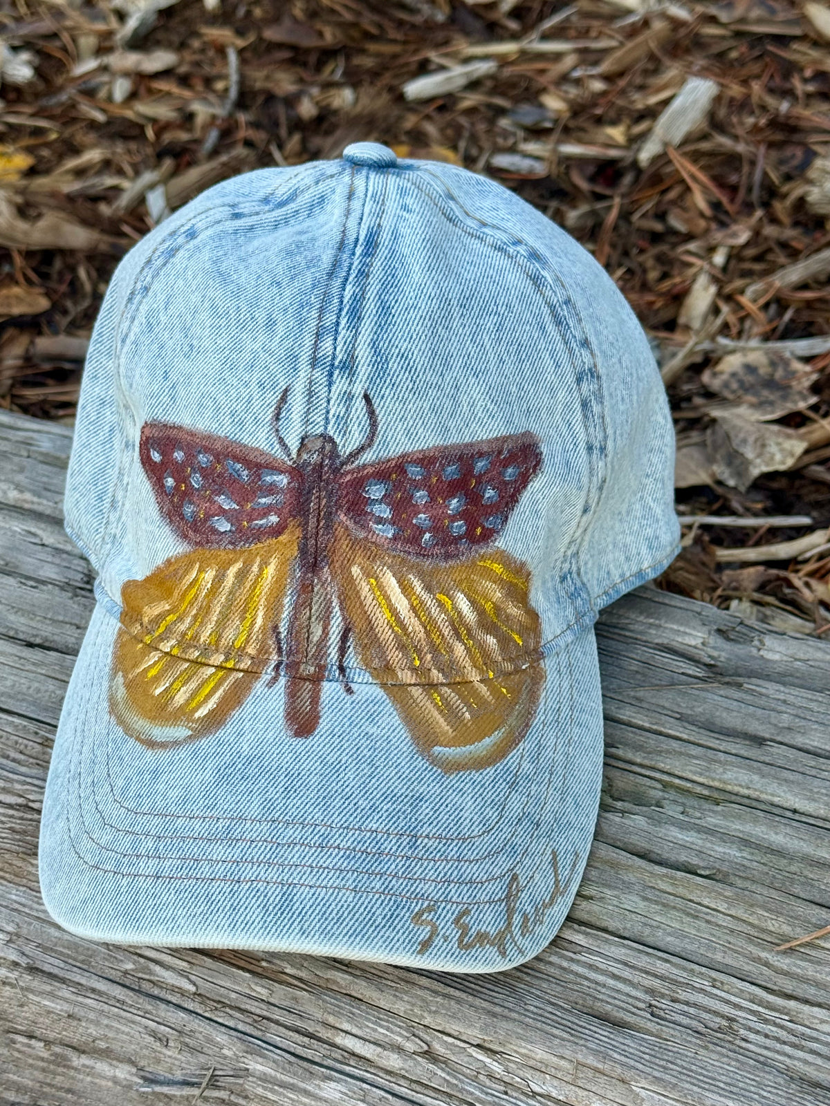 Hand painted wearable art on acid wash denim canvas - butterfly