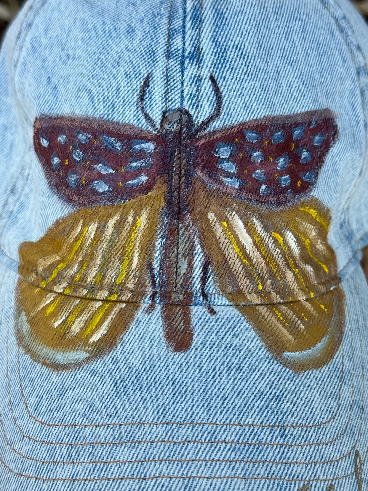 Hand painted wearable art on acid wash denim canvas - butterfly