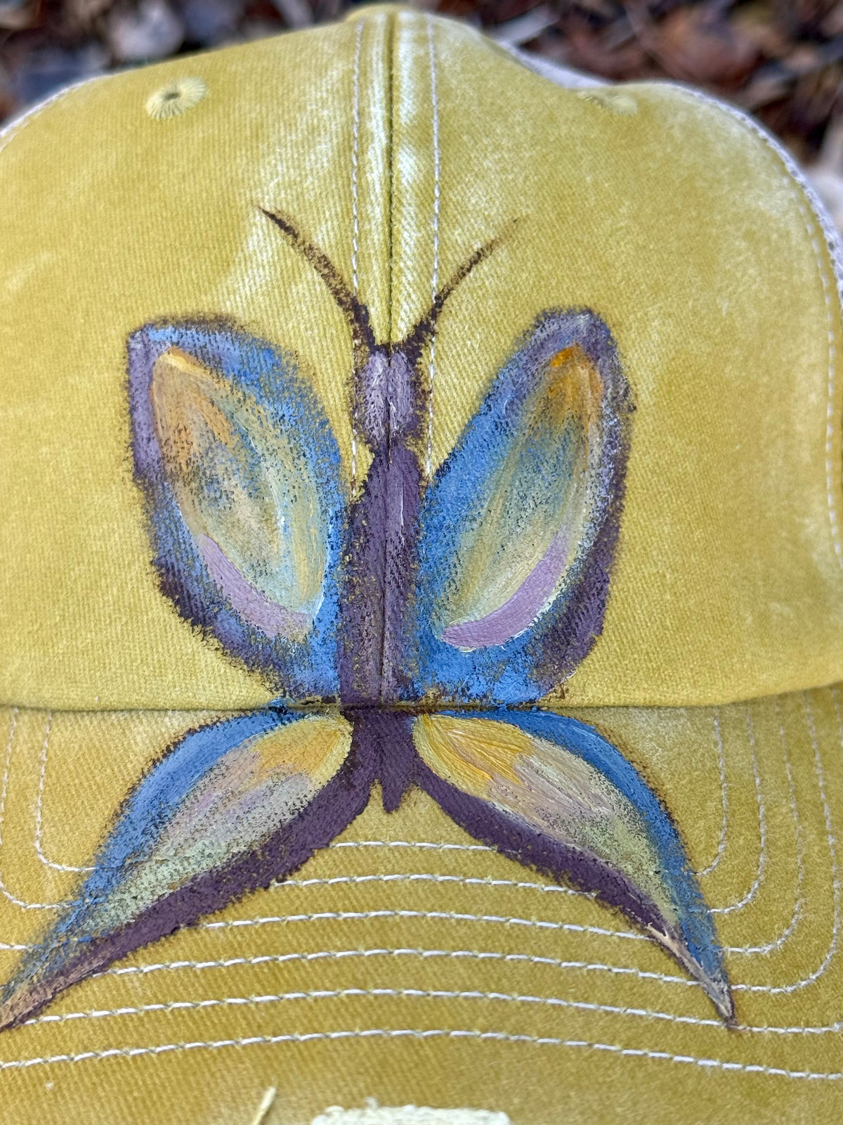 Hand painted wearable art on soft yellow canvas baseball cap - butterfly