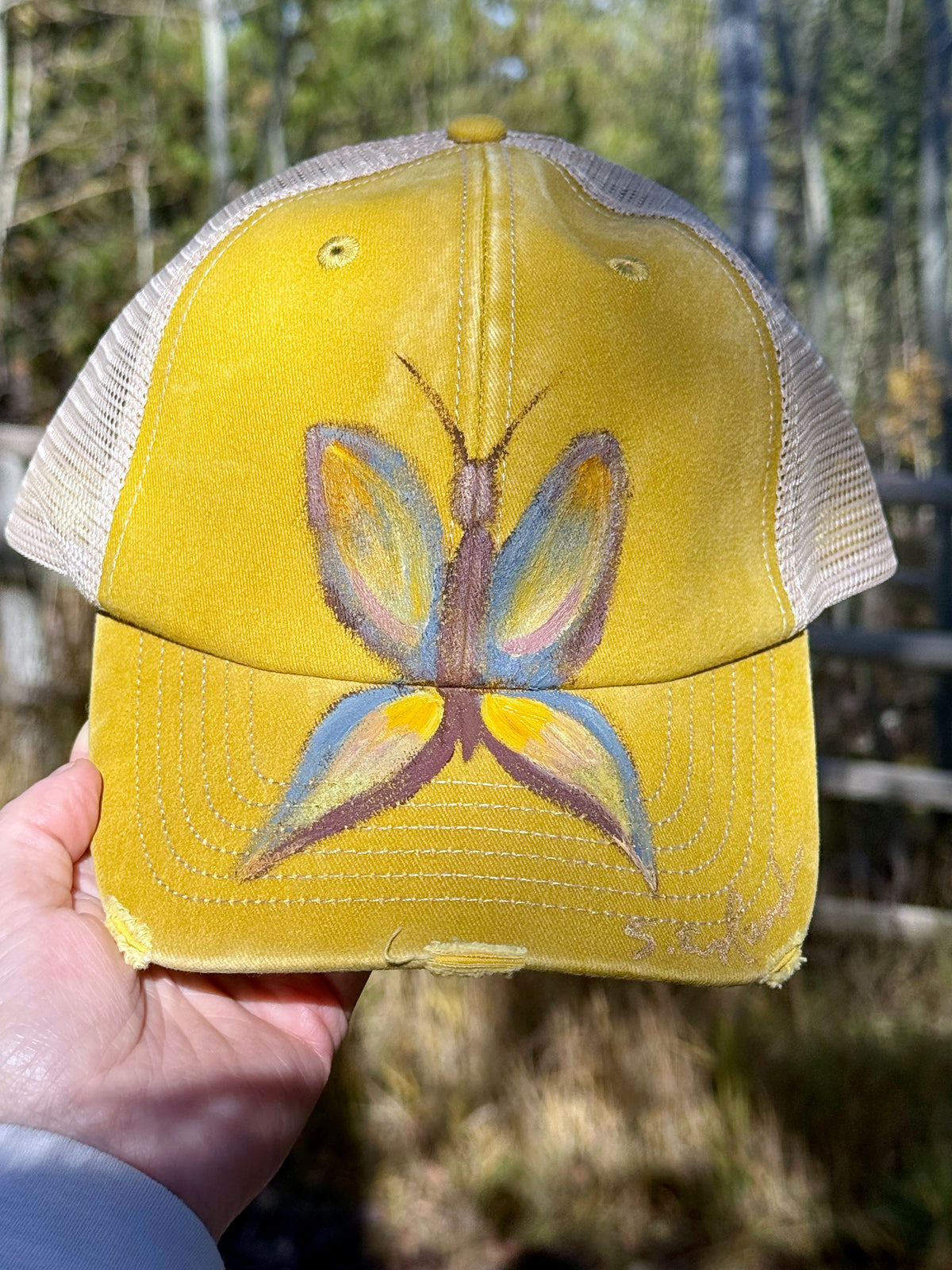 Hand painted wearable art on soft yellow canvas baseball cap - butterfly