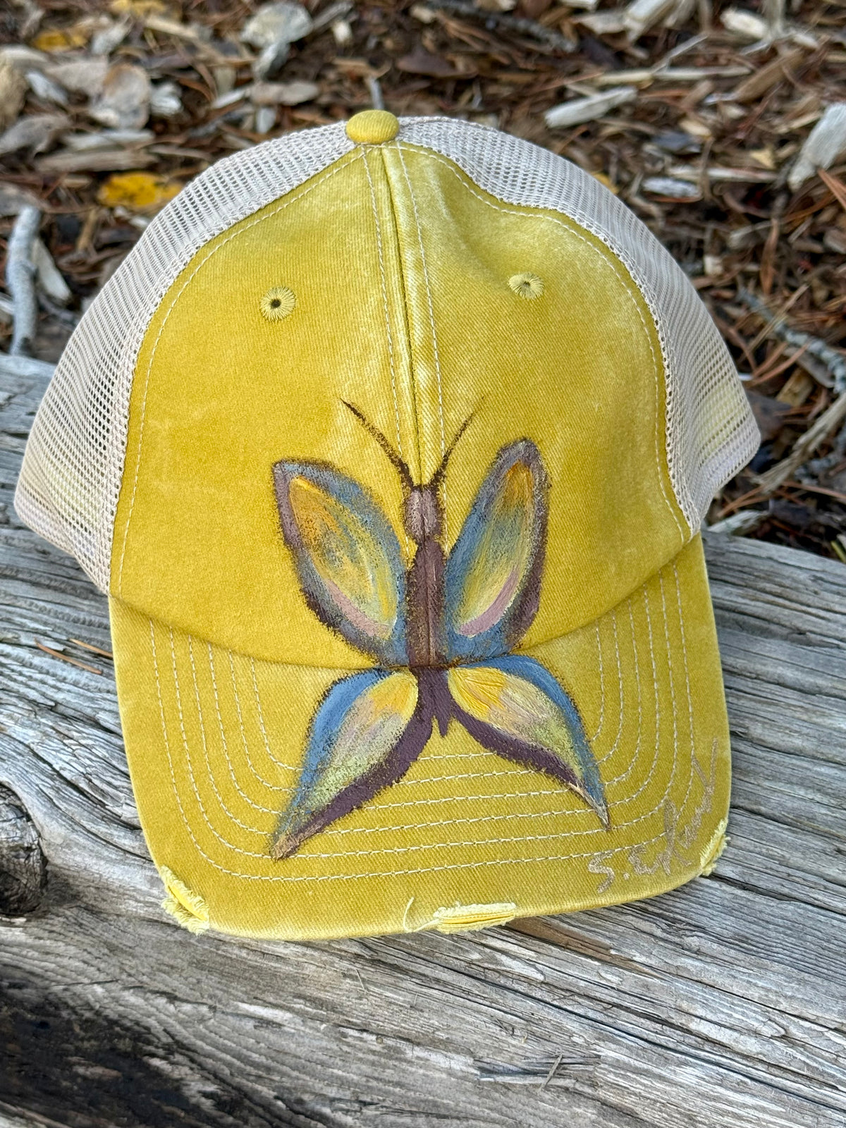 Hand painted wearable art on soft yellow canvas baseball cap - butterfly