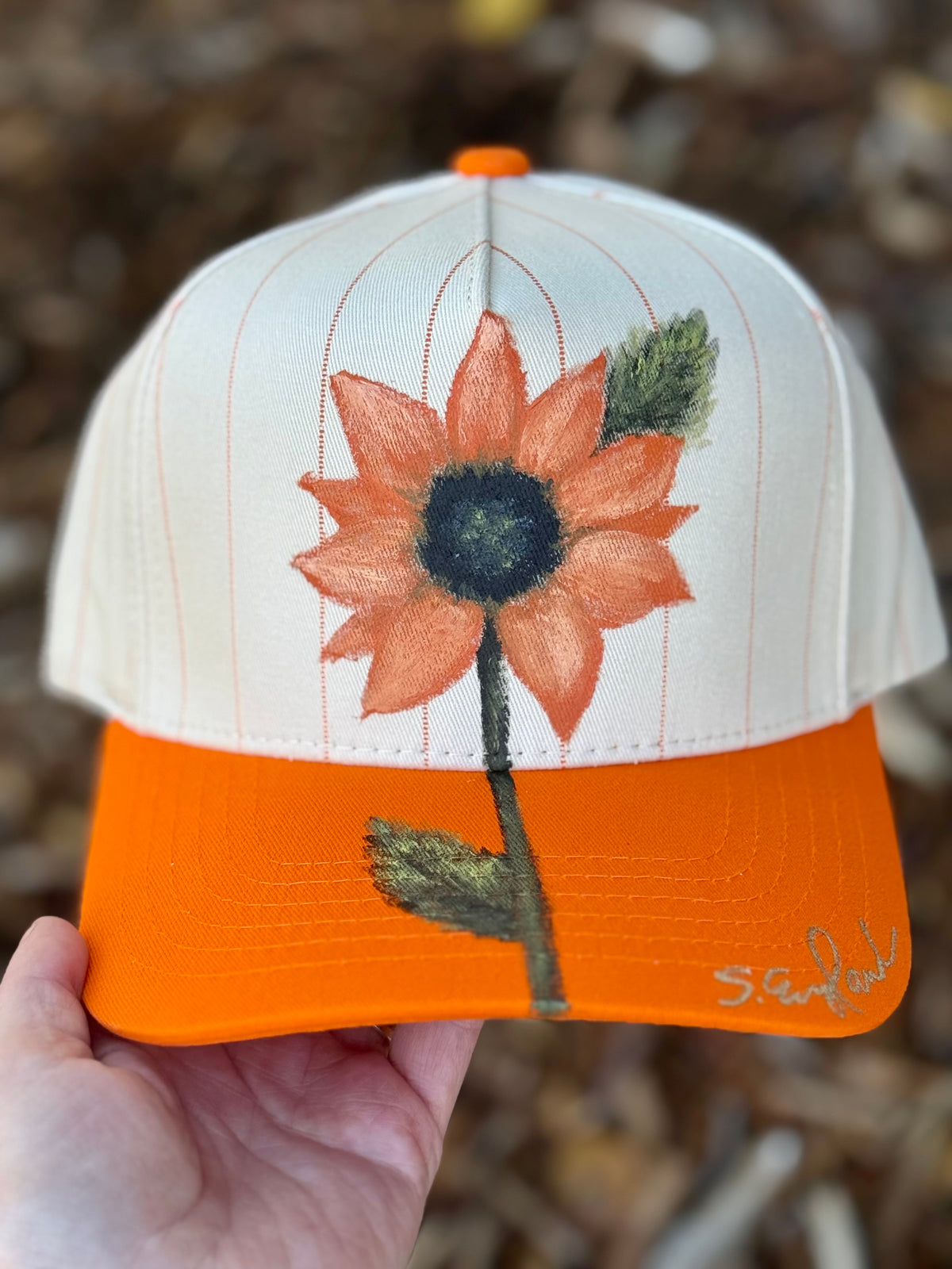 Hand painted wearable art on cream/orange canvas baseball hat - sunflower