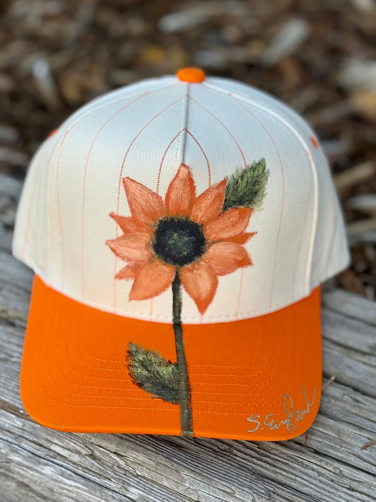 Hand painted wearable art on cream/orange canvas baseball hat - sunflower