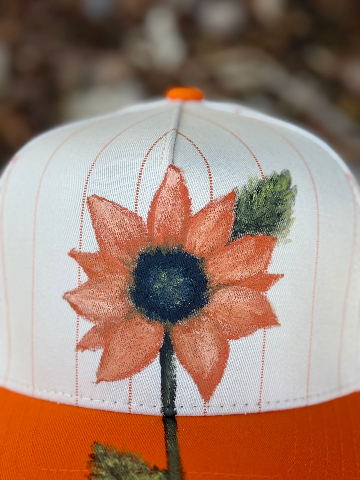 Hand painted wearable art on cream/orange canvas baseball hat - sunflower