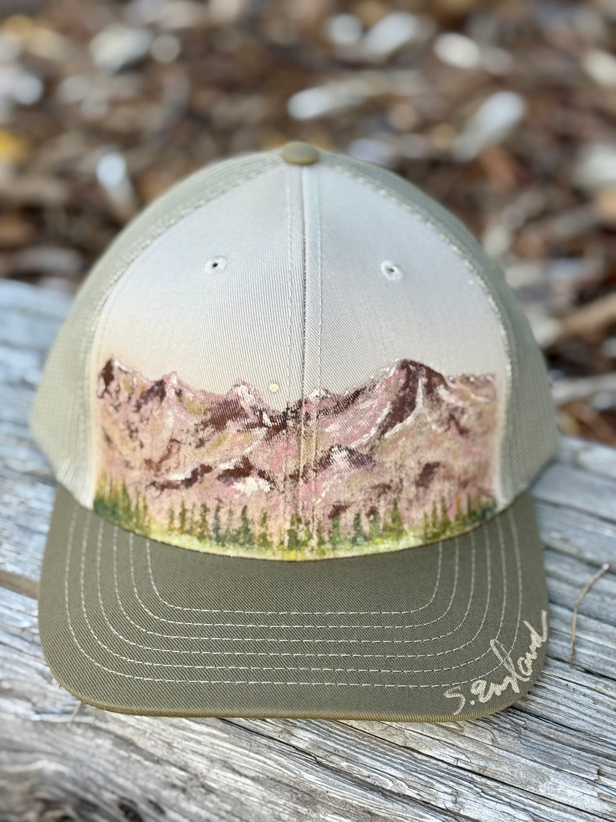 Hand painted wearable art on tan canvas ball cap - mountain scenes