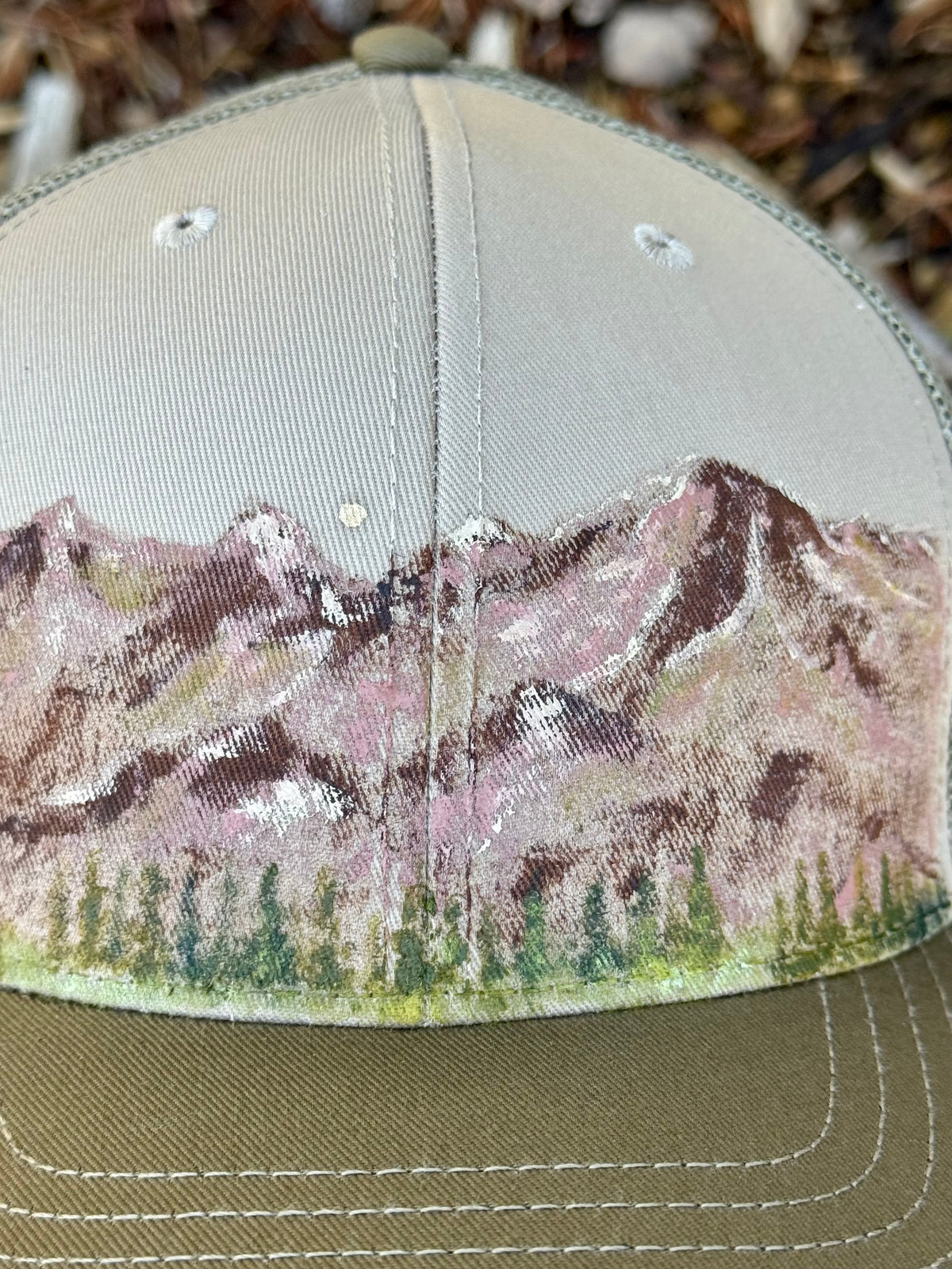 Hand painted wearable art on tan canvas ball cap - mountain scenes