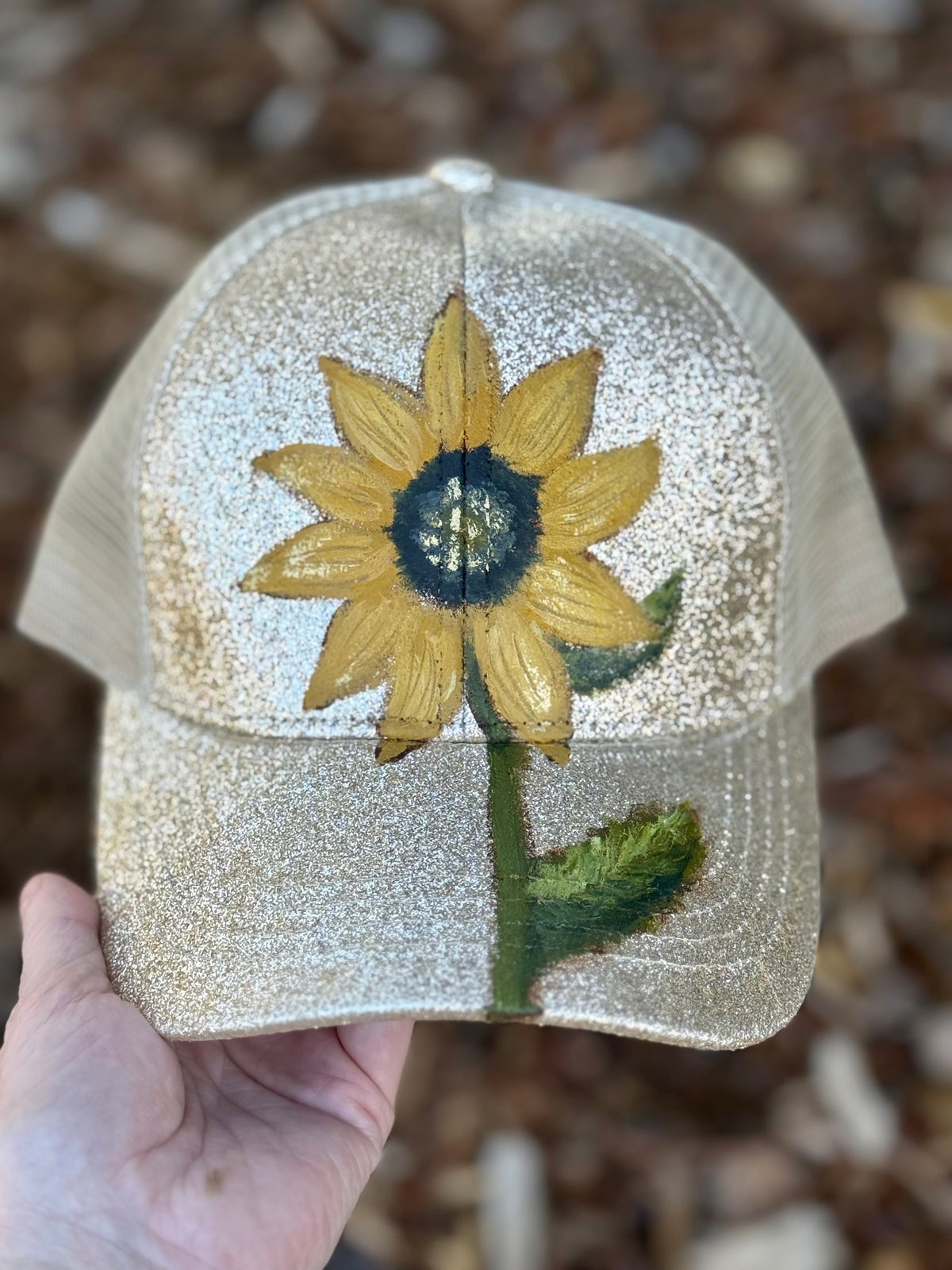 Wearable art painted on gold sparkle baseball cap - sunflower