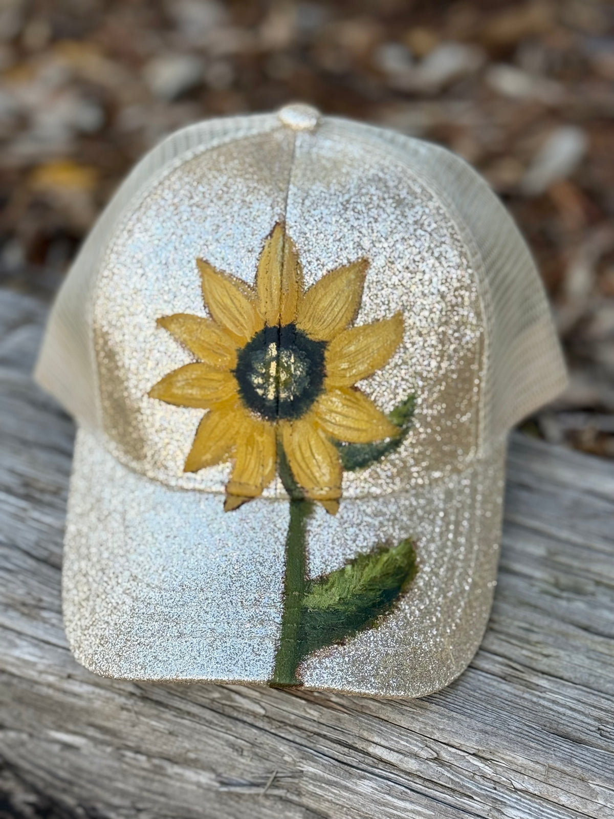 Wearable art painted on gold sparkle baseball cap - sunflower