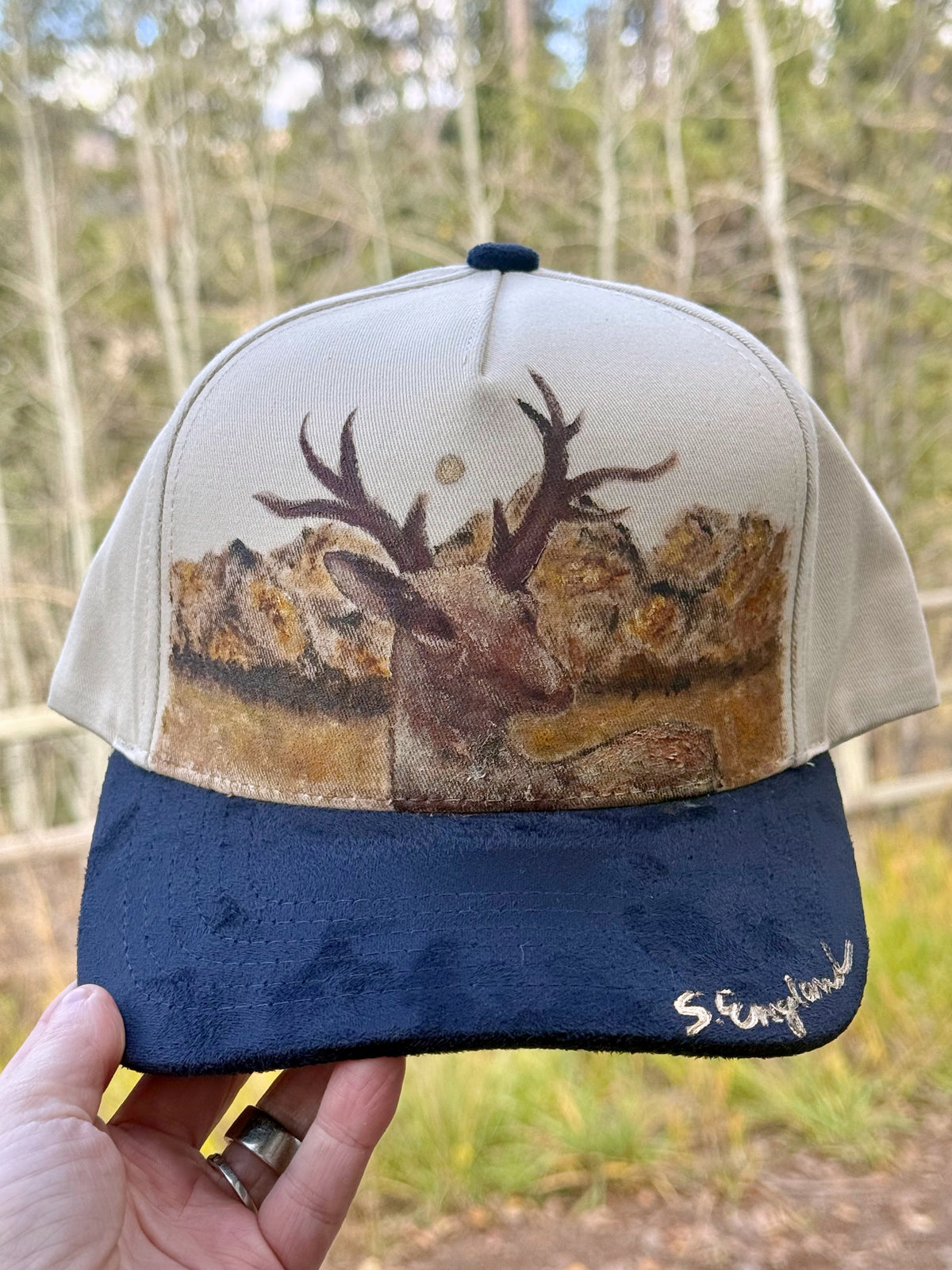 Hand painted wearable art painted on cream/black suede baseball cap - deer