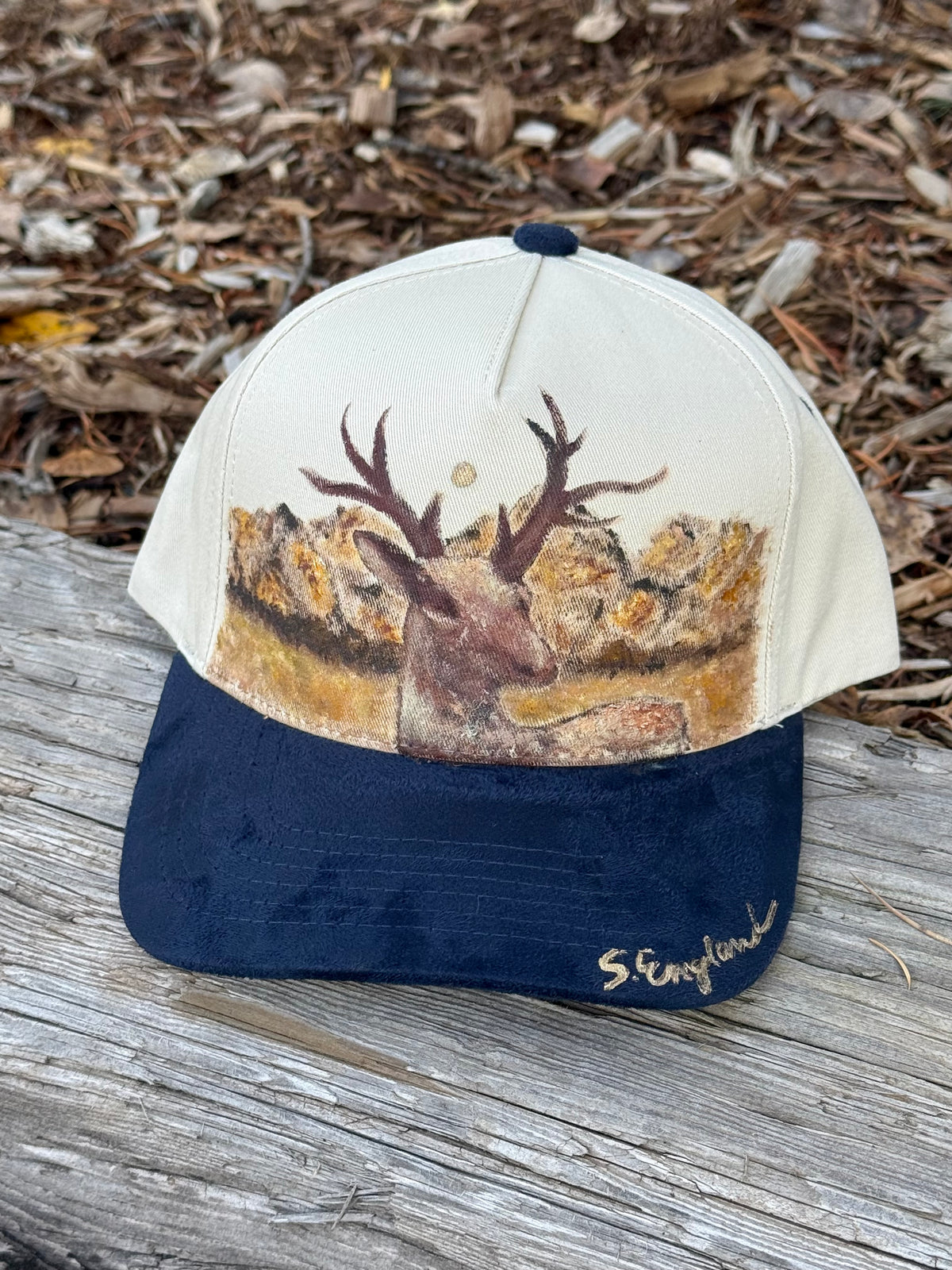 Hand painted wearable art painted on cream/black suede baseball cap - deer
