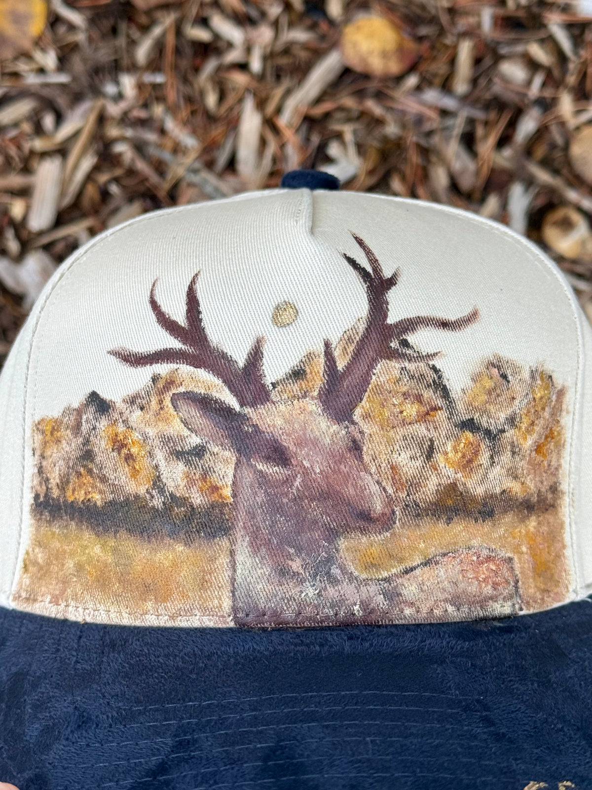 Hand painted wearable art painted on cream/black suede baseball cap - deer