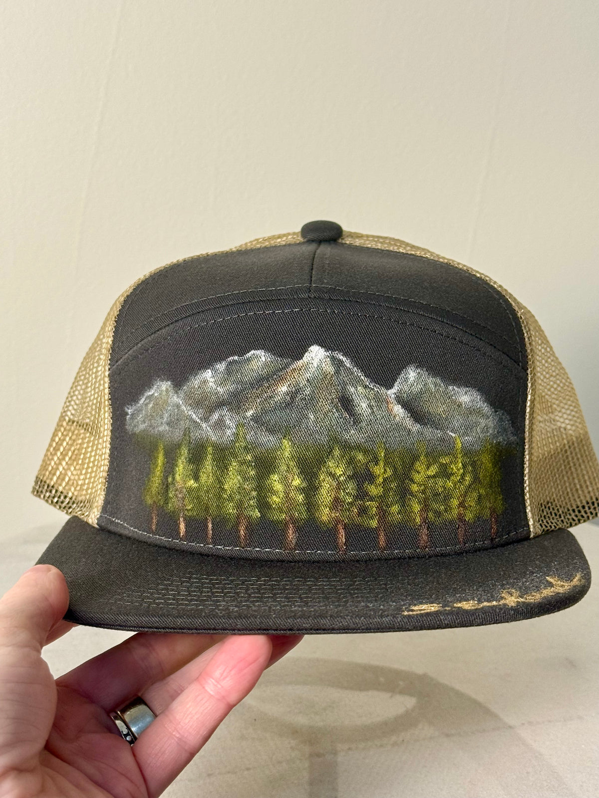 Hand painted wearable art on black canvas flat brim hat - Mountainscape vibes