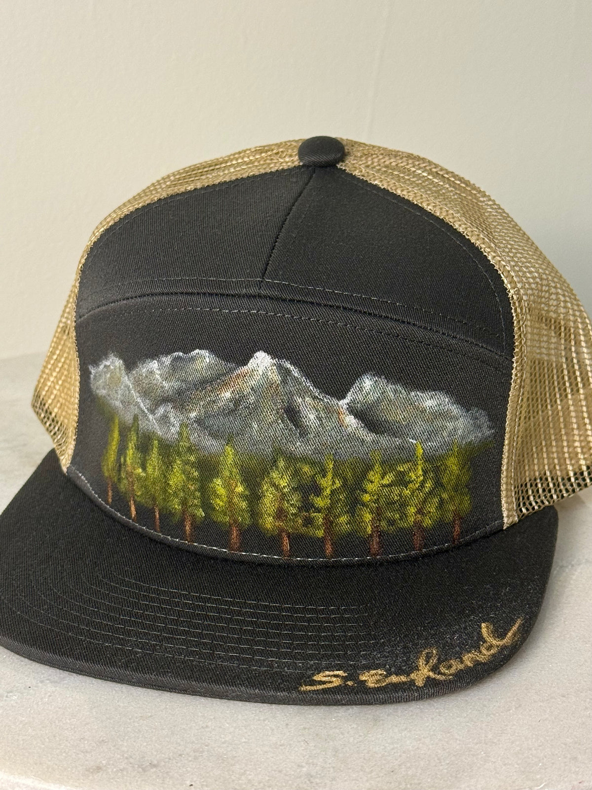 Hand painted wearable art on black canvas flat brim hat - Mountainscape vibes