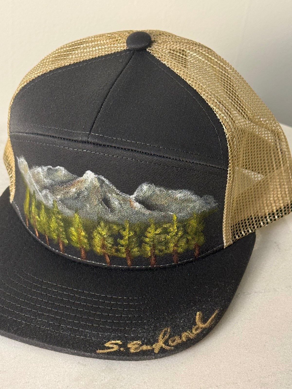 Hand painted wearable art on black canvas flat brim hat - Mountainscape vibes
