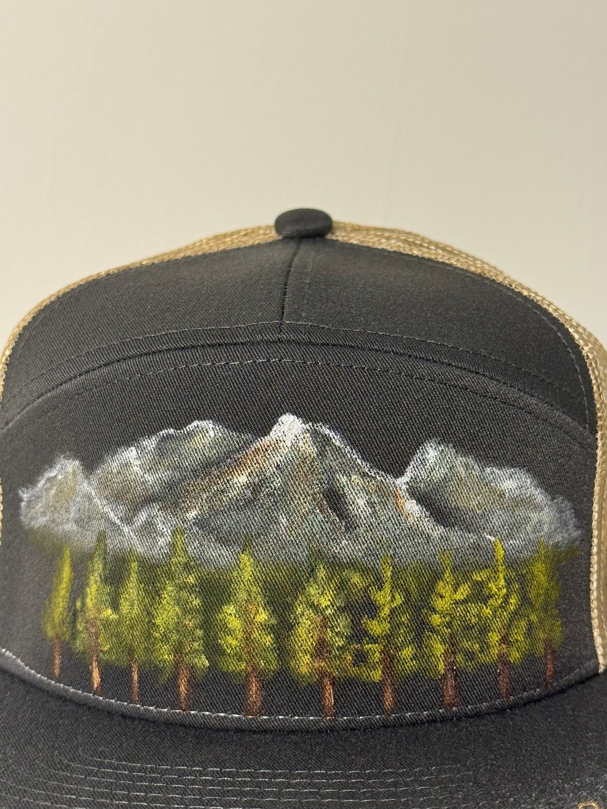 Hand painted wearable art on black canvas flat brim hat - Mountainscape vibes