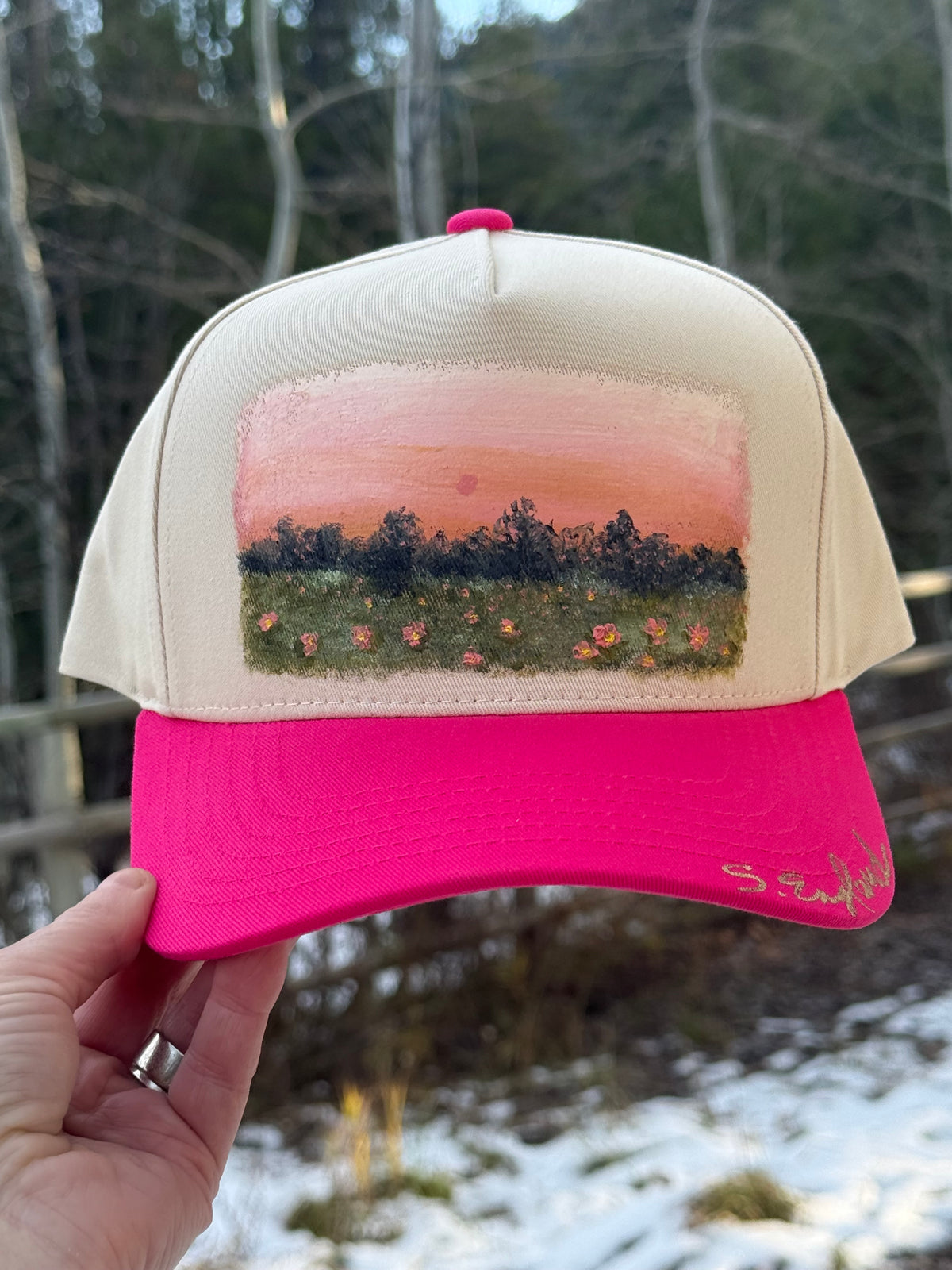 Hand painted wearable art on pink brim and tan baseball hat - pink sunset landscape