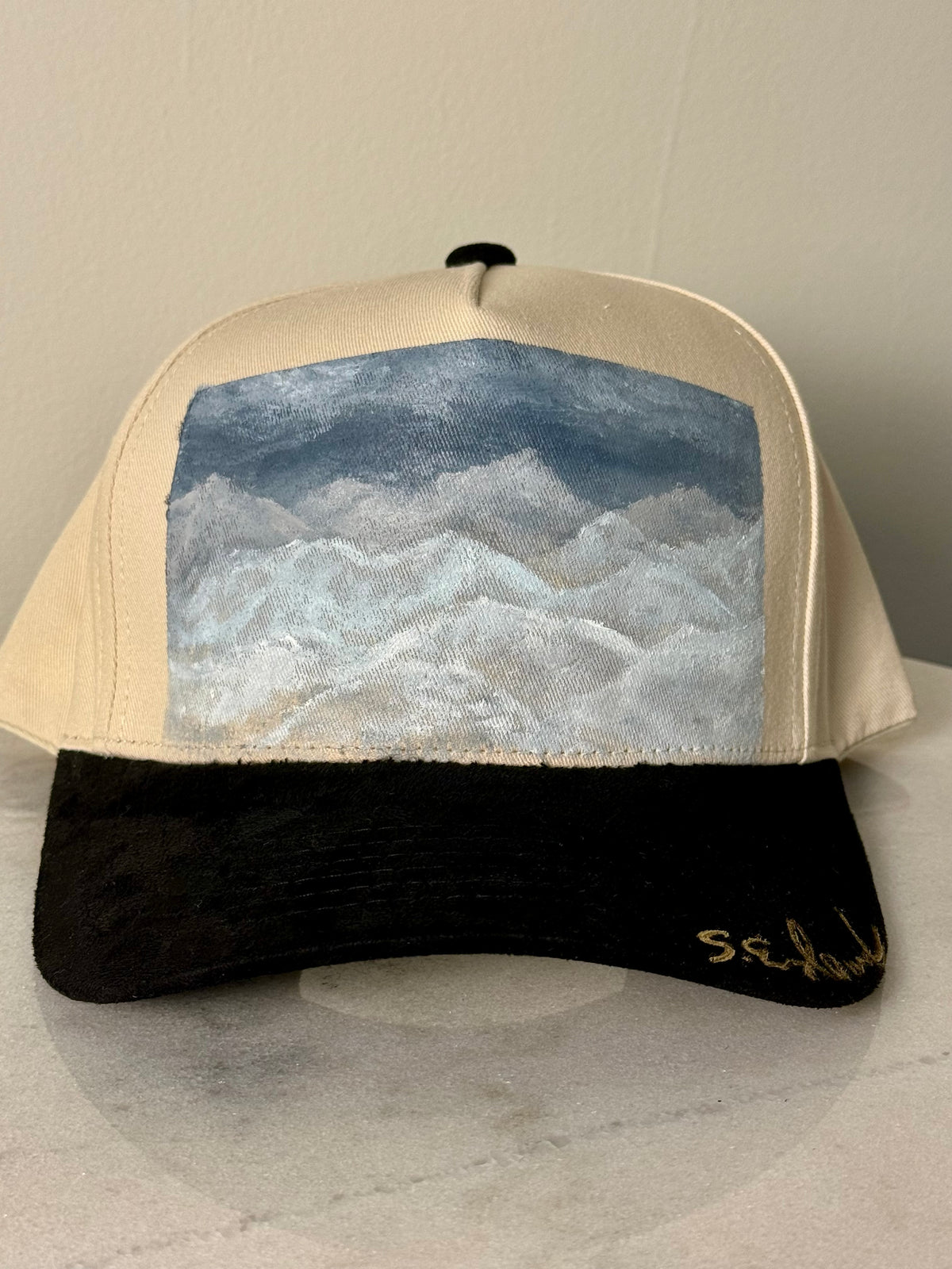 Wearable art - hand painted on tan canvas hat with black suede brim - abstract mountainscape