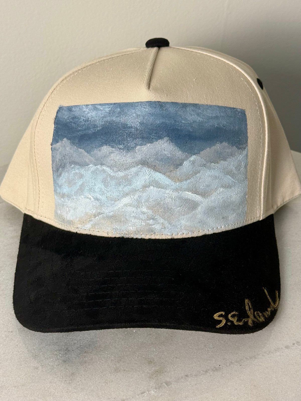 Wearable art - hand painted on tan canvas hat with black suede brim - abstract mountainscape