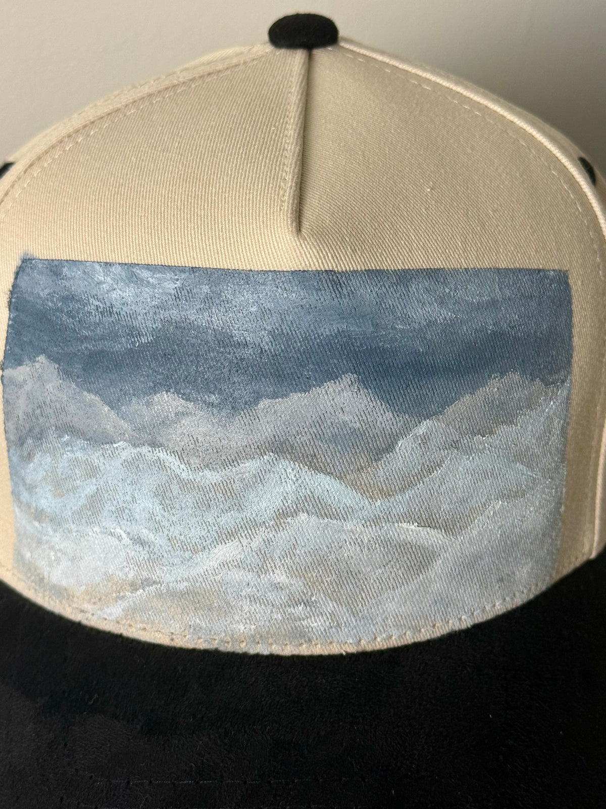 Wearable art - hand painted on tan canvas hat with black suede brim - abstract mountainscape