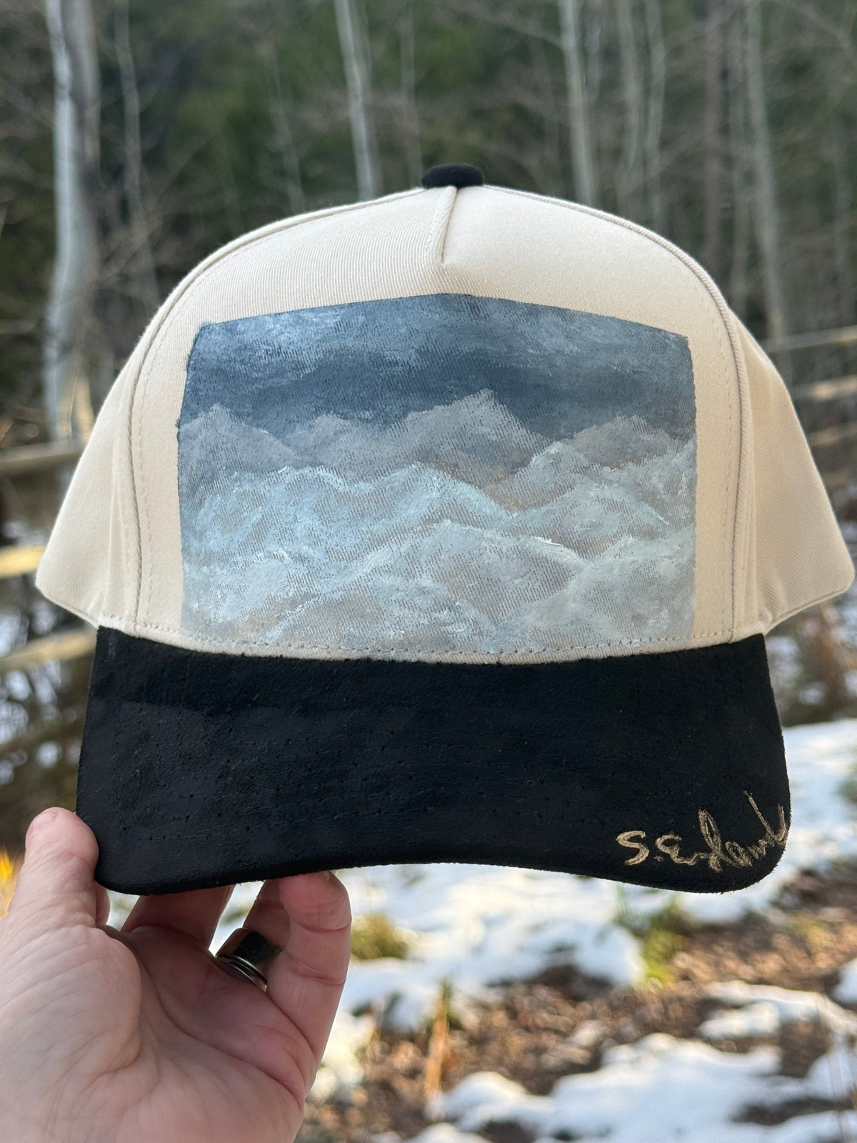 Wearable art - hand painted on tan canvas hat with black suede brim - abstract mountainscape