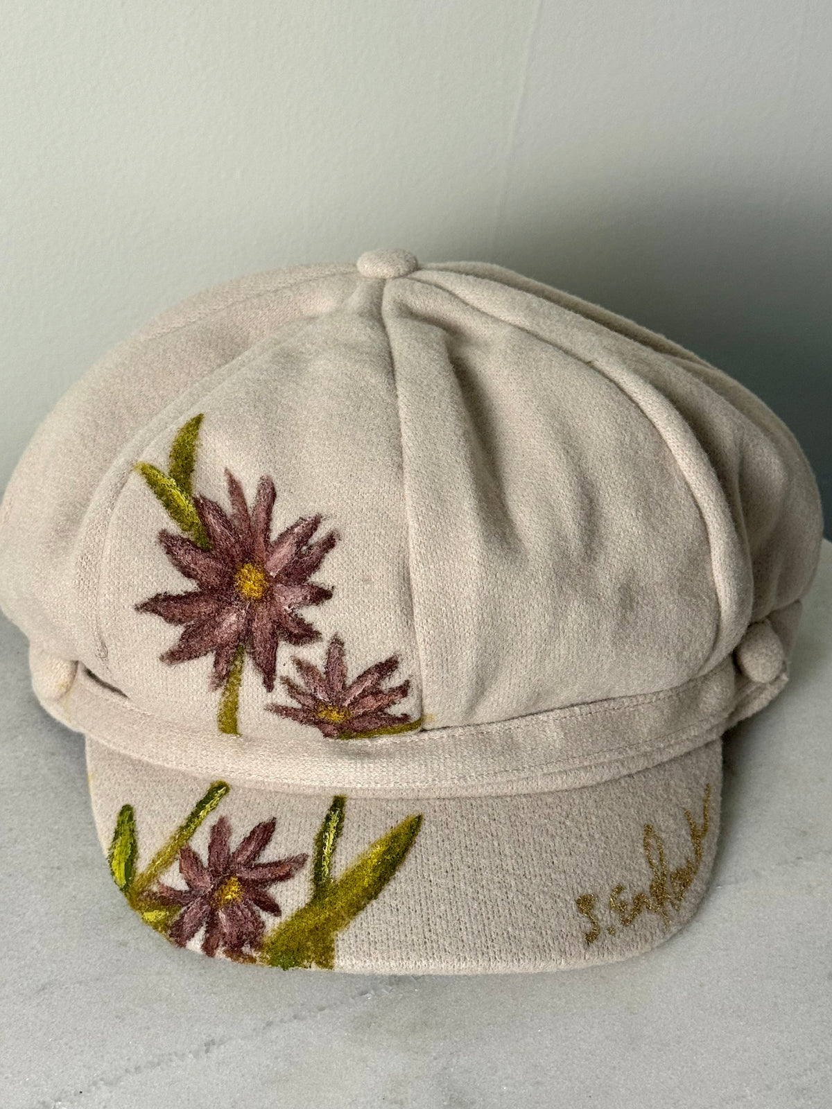 Hand painted wearable art on soft polyester newsboy cap - wildflowers cabbie hat
