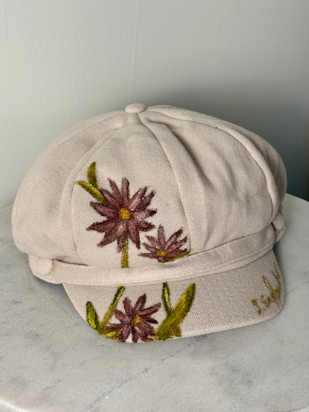Hand painted wearable art on soft polyester newsboy cap - wildflowers cabbie hat