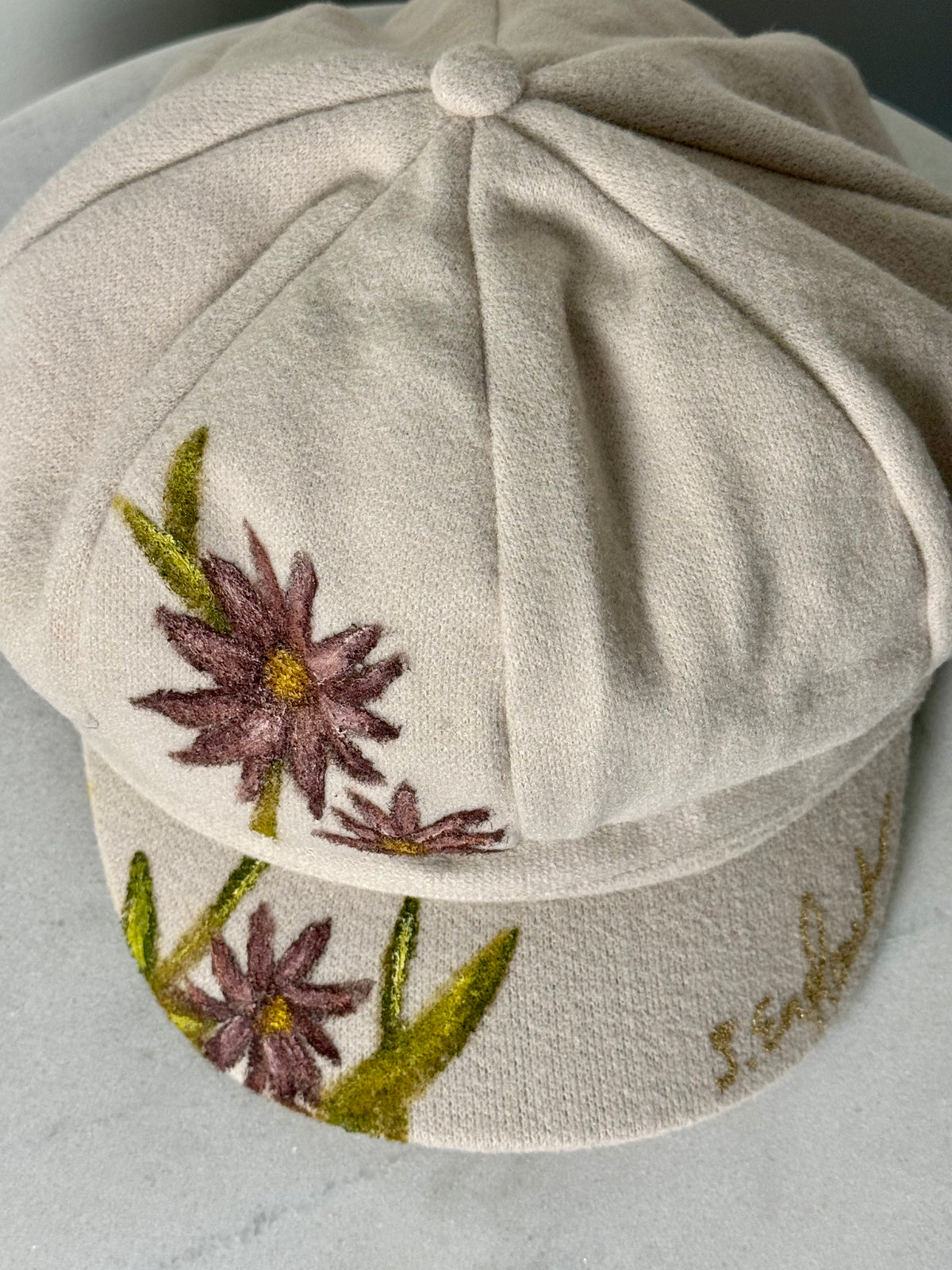 Hand painted wearable art on soft polyester newsboy cap - wildflowers cabbie hat