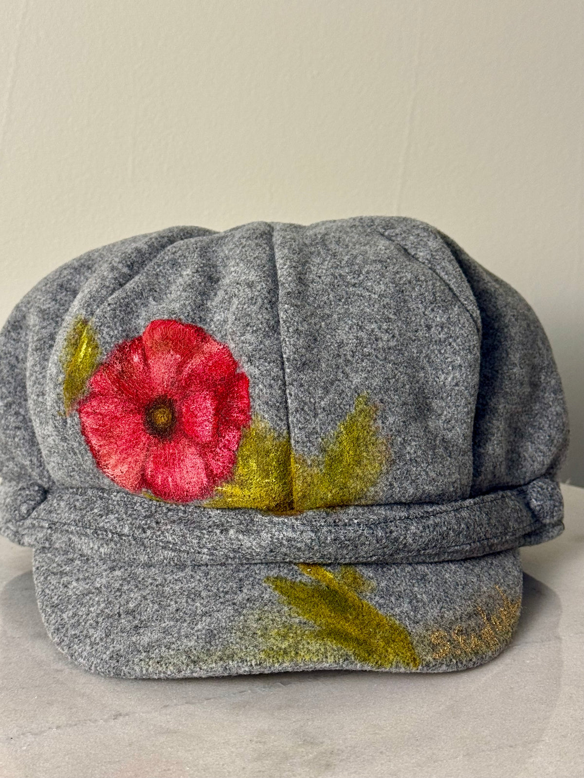 Hand painted wearable art on soft polyester heather grey newsie cap - red poppy