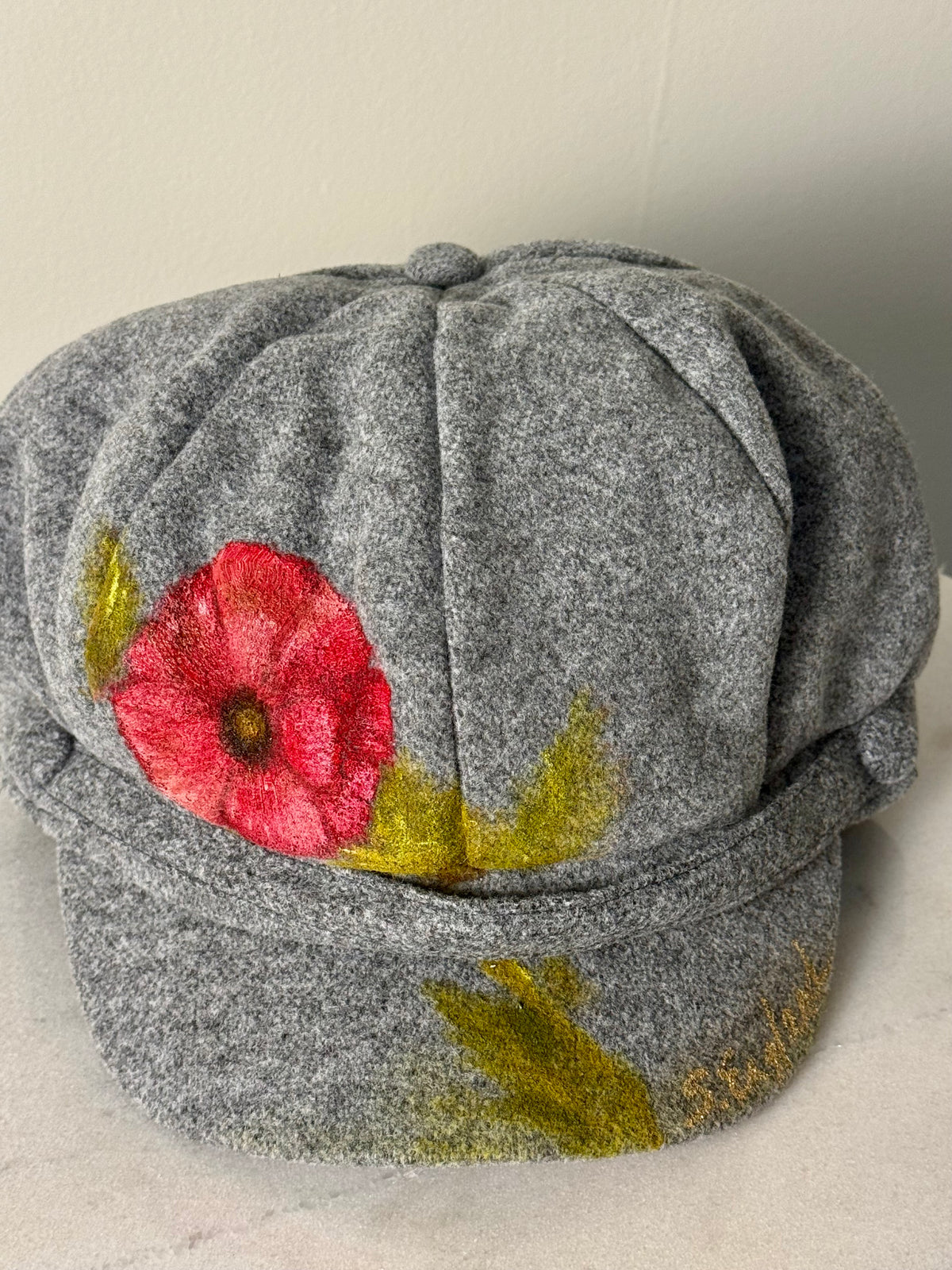 Hand painted wearable art on soft polyester heather grey newsie cap - red poppy