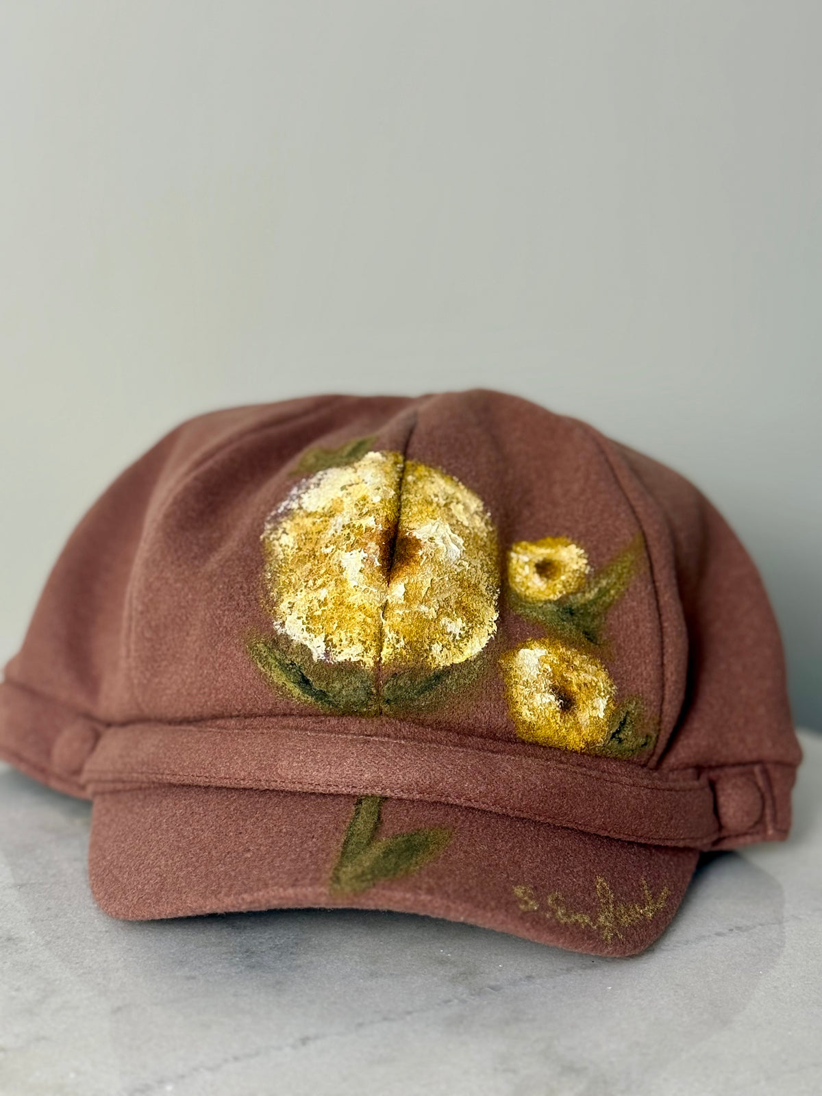 Hand painted wearable art on a soft polyester newsboy cabbie hat - chrysanthemum vibes