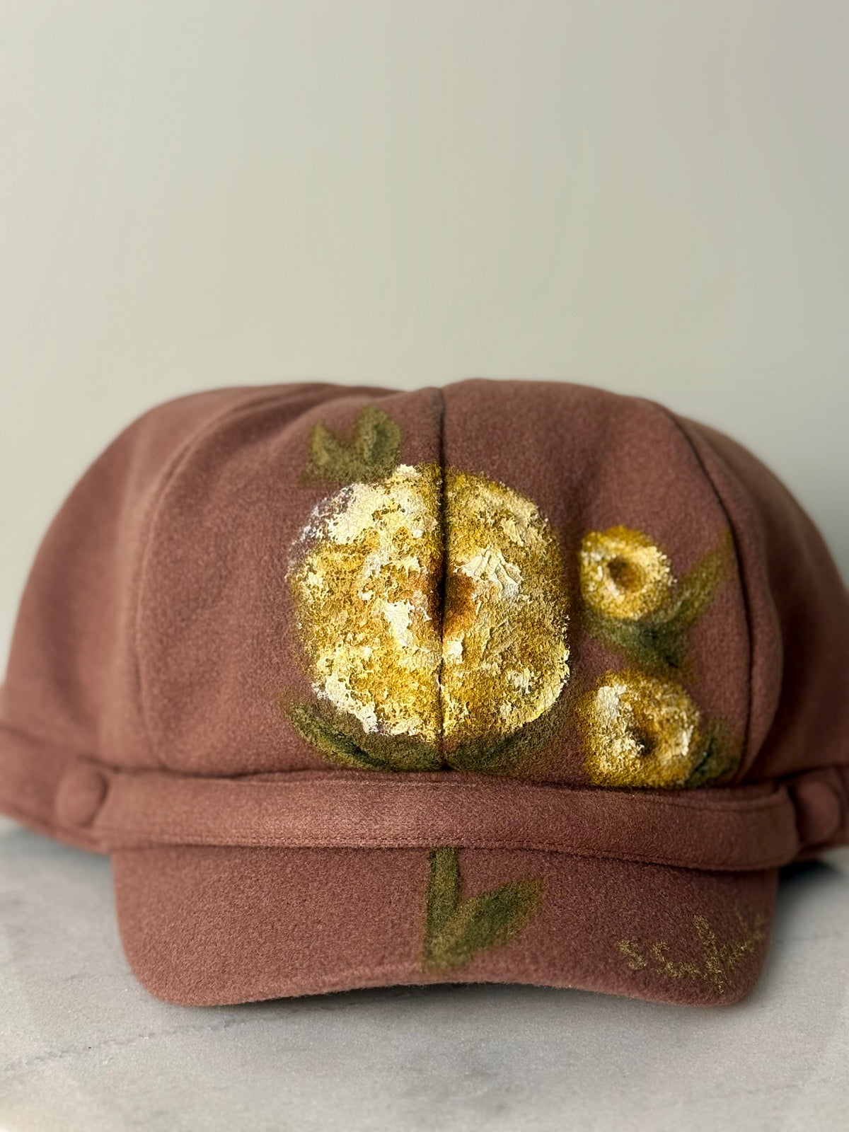 Hand painted wearable art on a soft polyester newsboy cabbie hat - chrysanthemum vibes