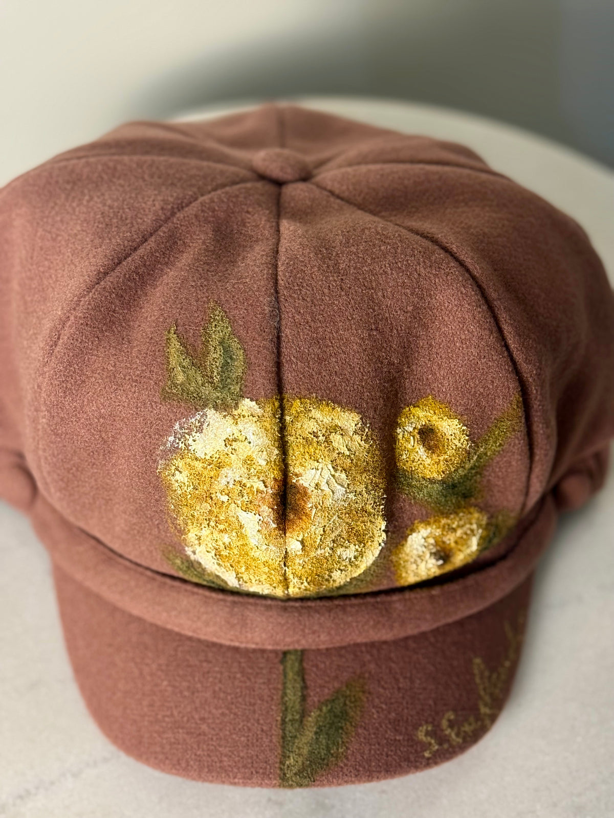 Hand painted wearable art on a soft polyester newsboy cabbie hat - chrysanthemum vibes