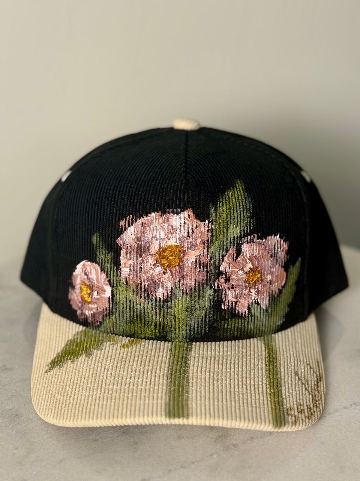 Hand painted wearable art on black/cream corduroy baseball hat - cosmo floral vibes