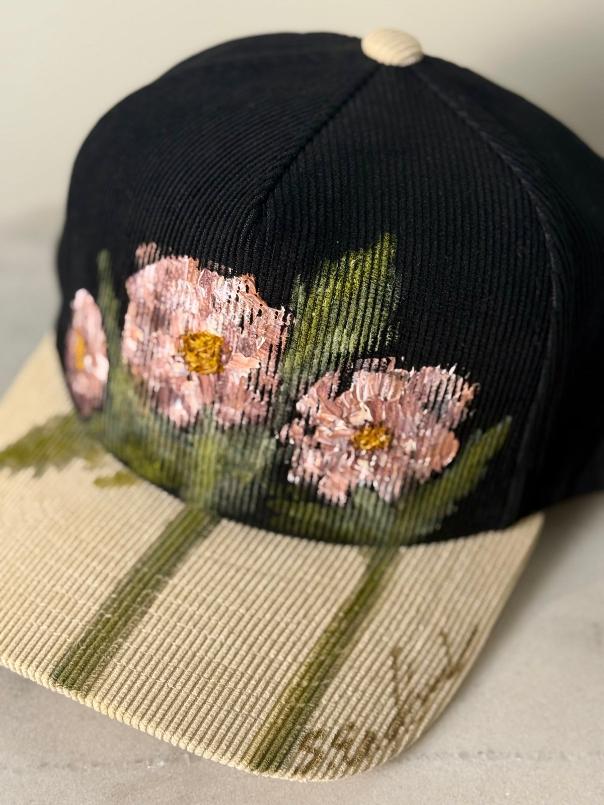 Hand painted wearable art on black/cream corduroy baseball hat - cosmo floral vibes