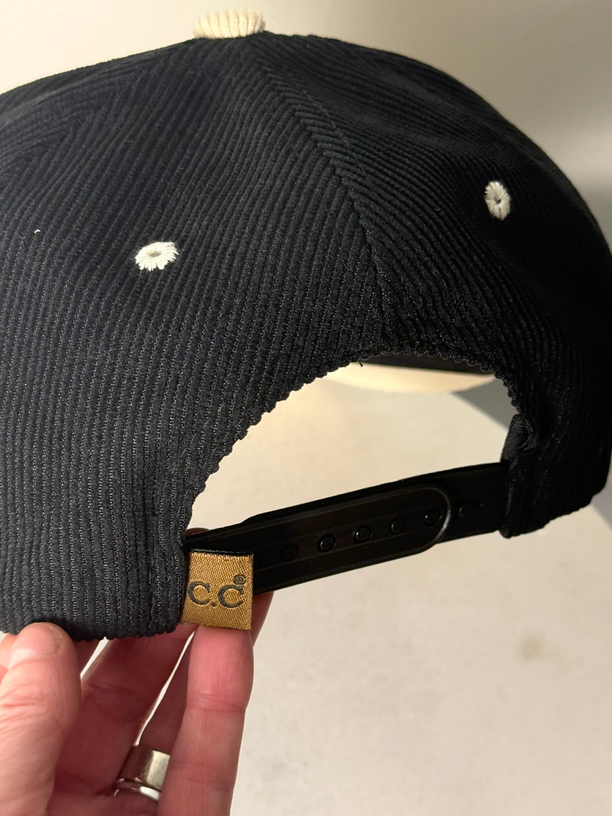 Hand painted wearable art on black/cream corduroy baseball hat - cosmo floral vibes