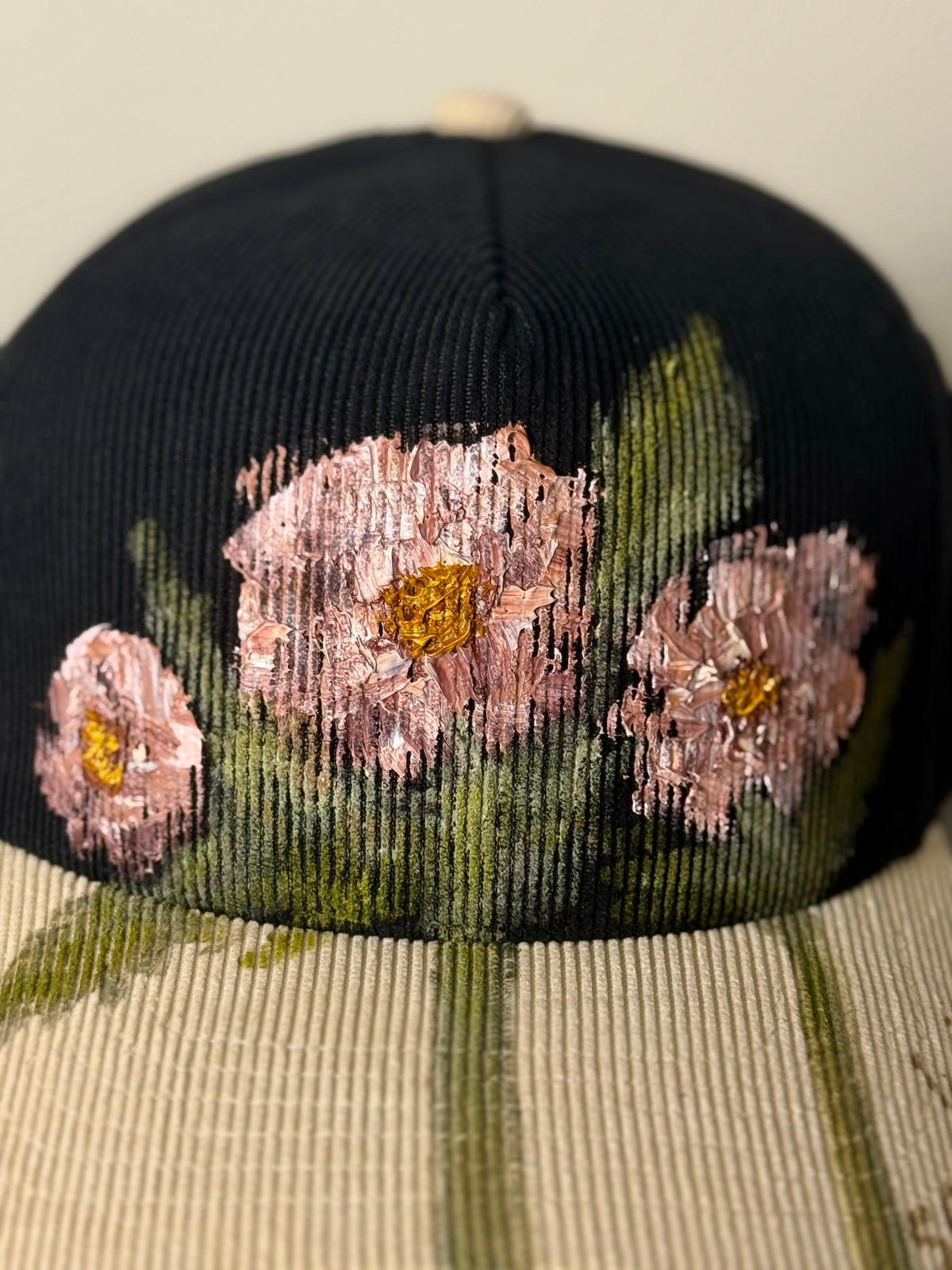 Hand painted wearable art on black/cream corduroy baseball hat - cosmo floral vibes