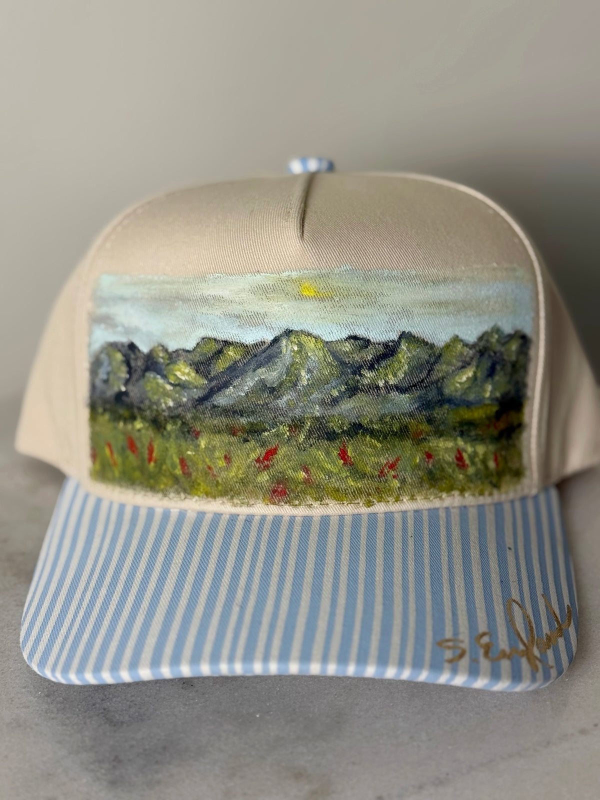 Wearable art - Hand painted on tan canvas hat with baby blue and tan stripped brim - mountainscape