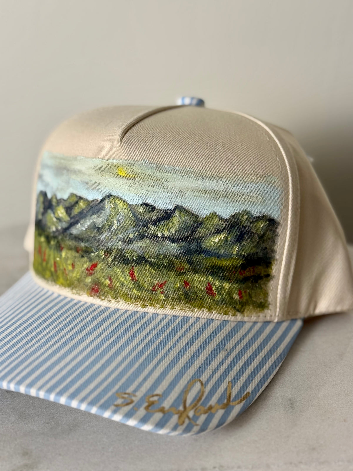 Wearable art - Hand painted on tan canvas hat with baby blue and tan stripped brim - mountainscape