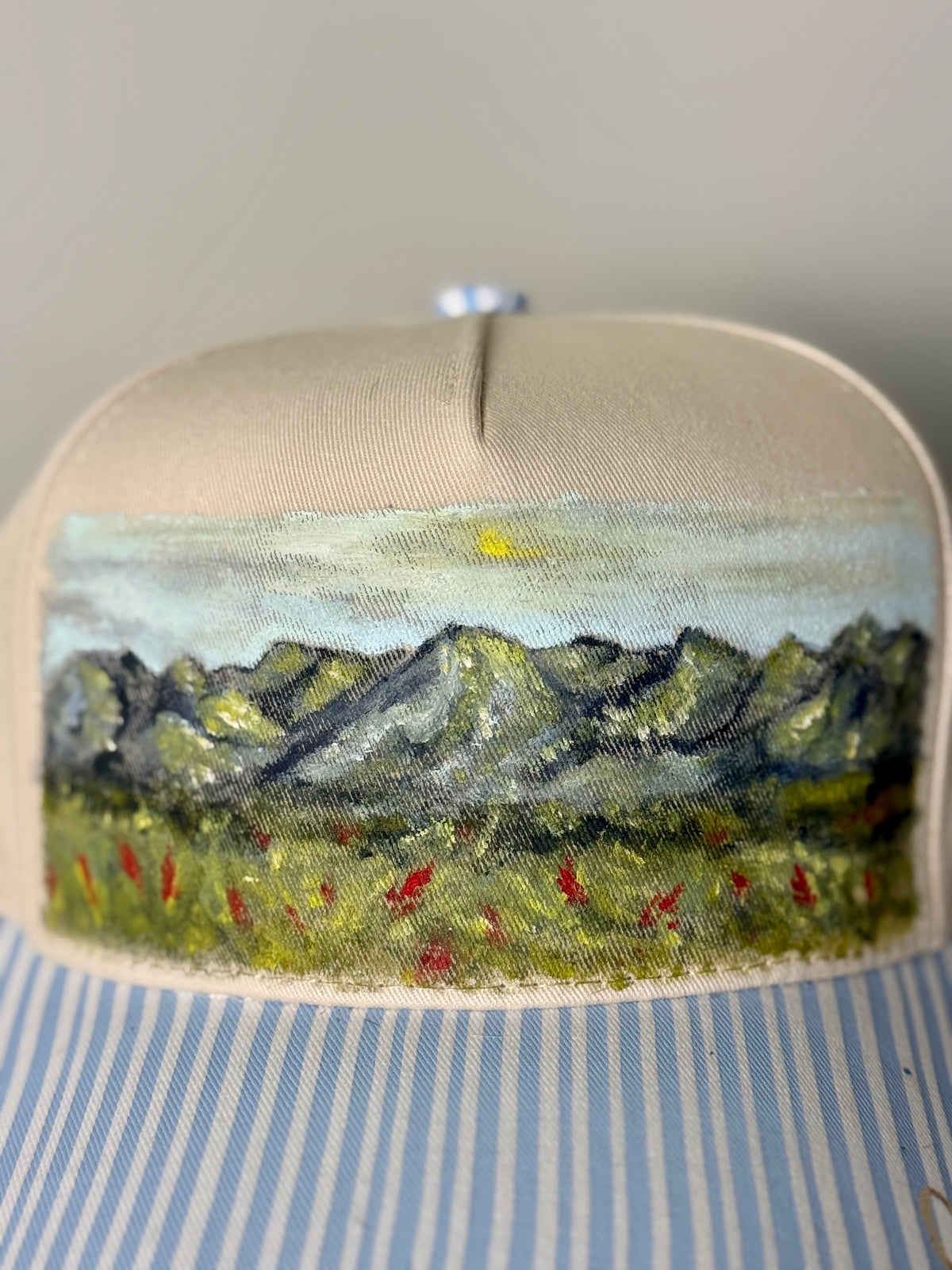 Wearable art - Hand painted on tan canvas hat with baby blue and tan stripped brim - mountainscape