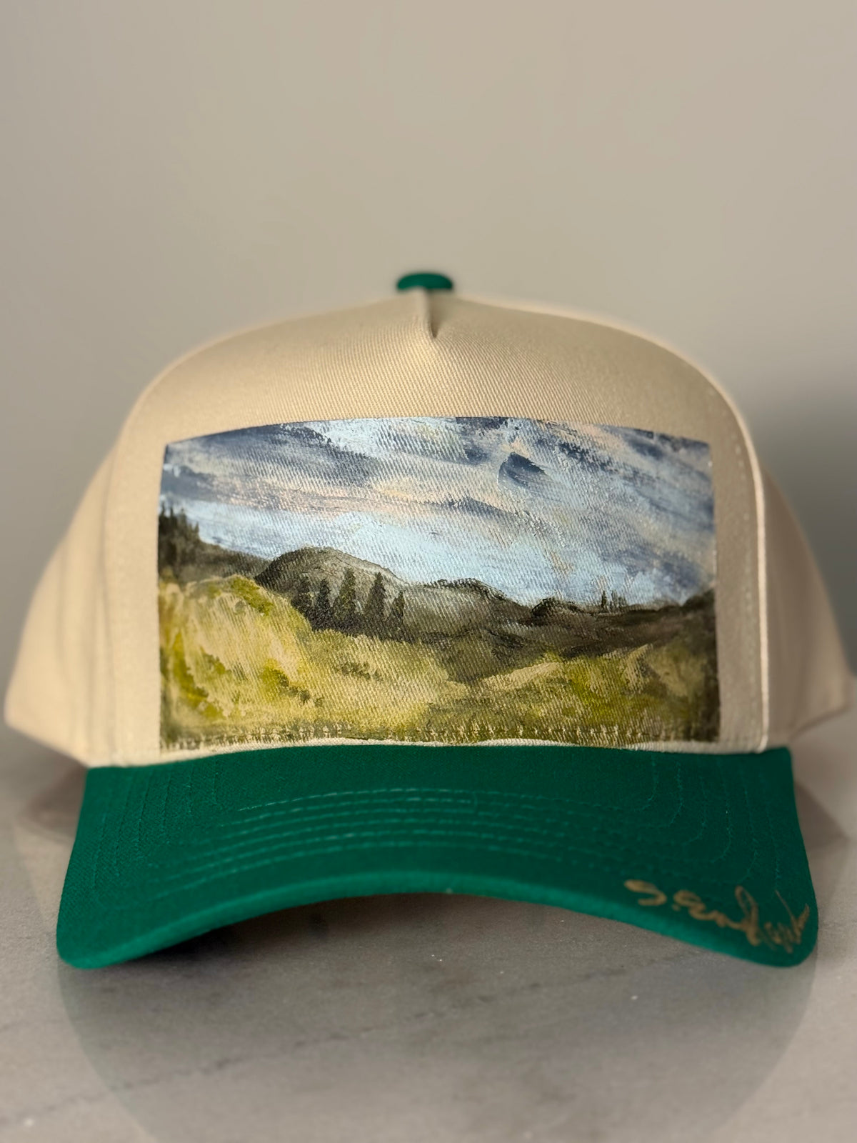 Hand painted wearable art on tan/green canvas baseball cap - Rural landscapes vibes