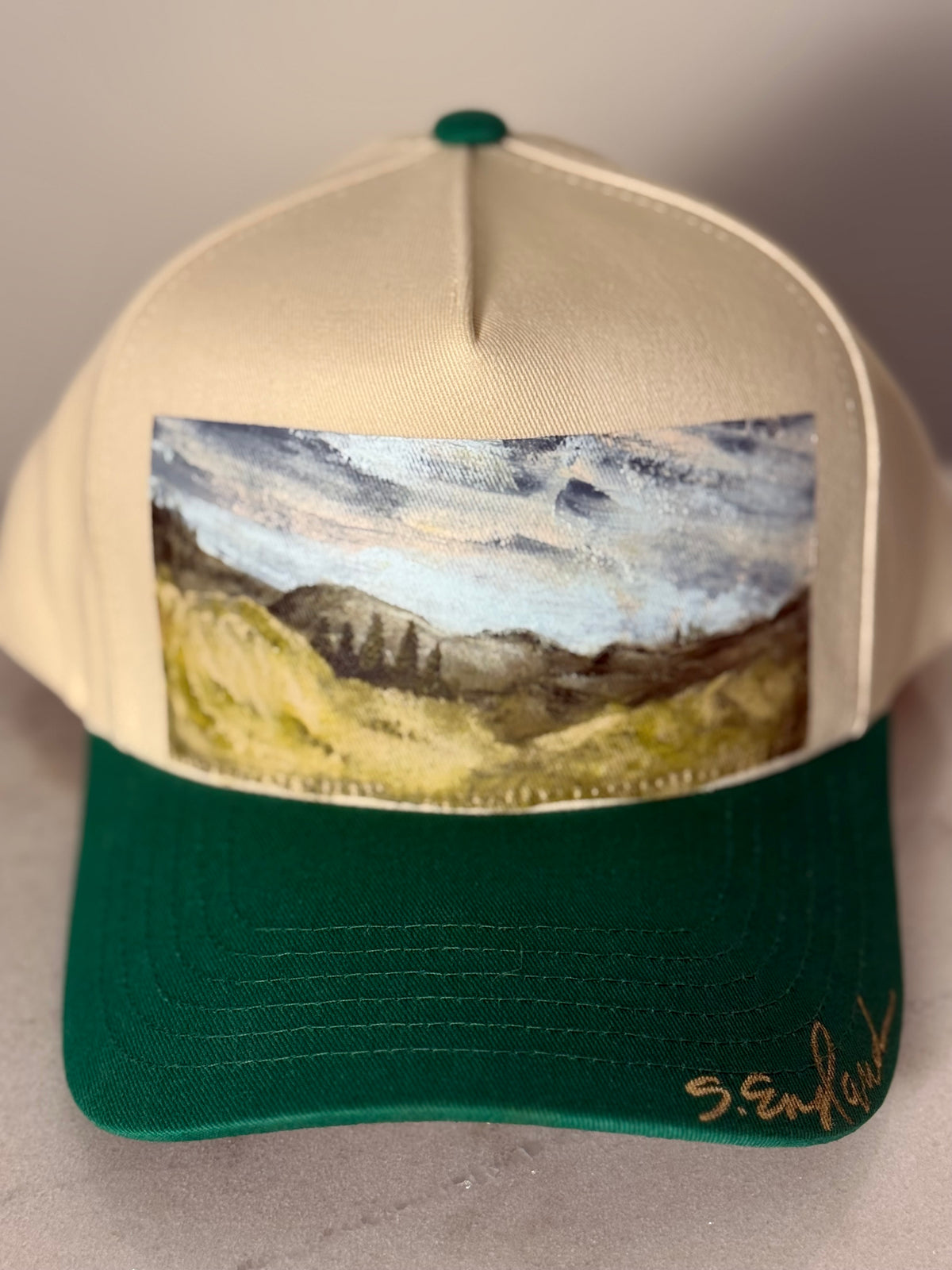Hand painted wearable art on tan/green canvas baseball cap - Rural landscapes vibes