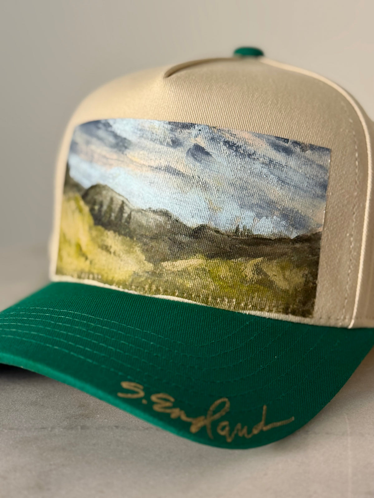 Hand painted wearable art on tan/green canvas baseball cap - Rural landscapes vibes