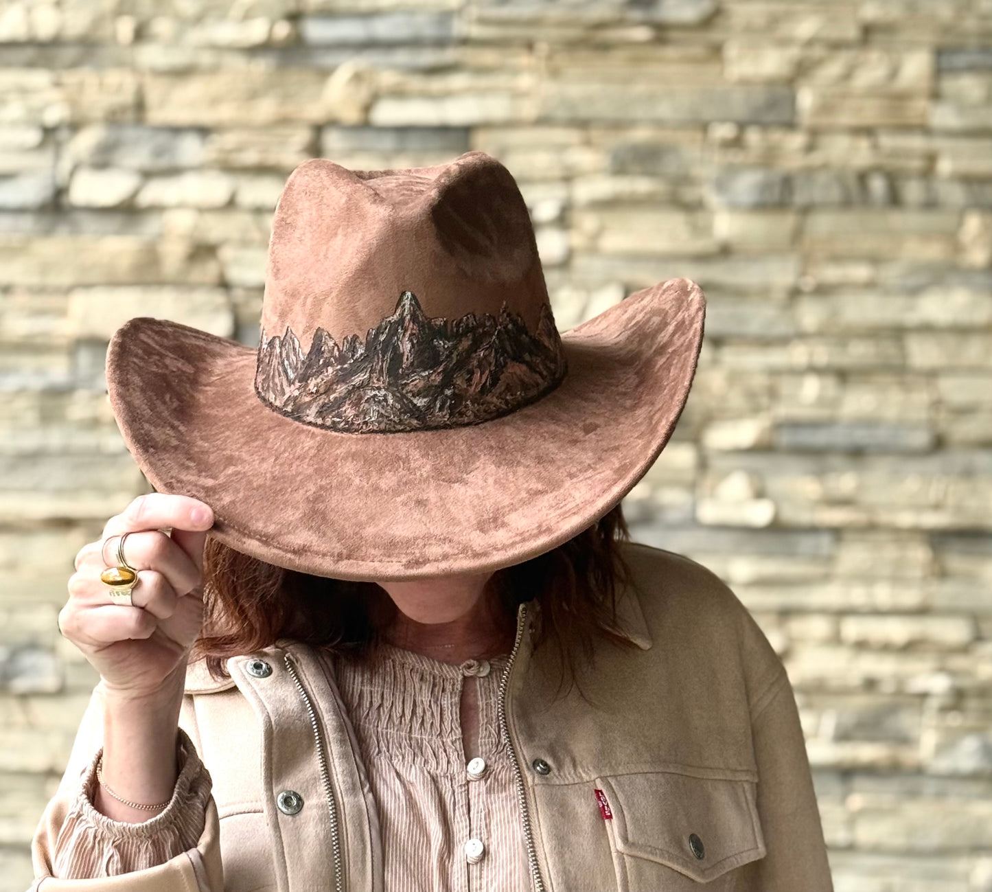 Wearable art - brown suede cowgirl hat