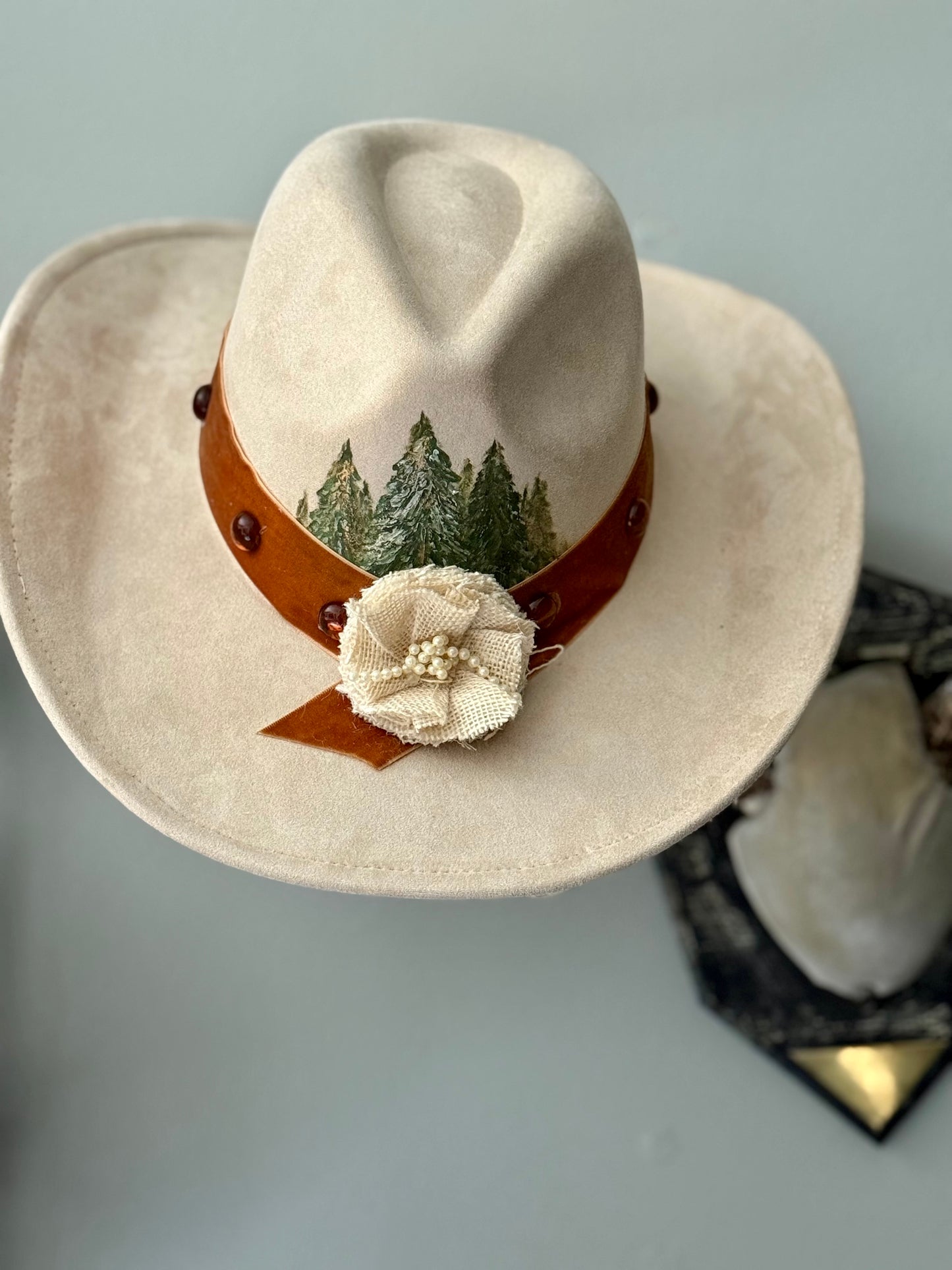 Wearable art - cream vegan suede cowgirl hat