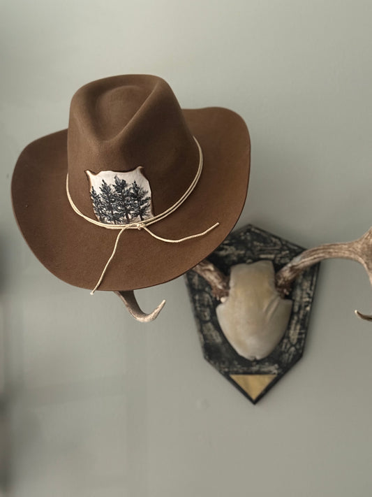 Hand painted brown felt large brimmed hat